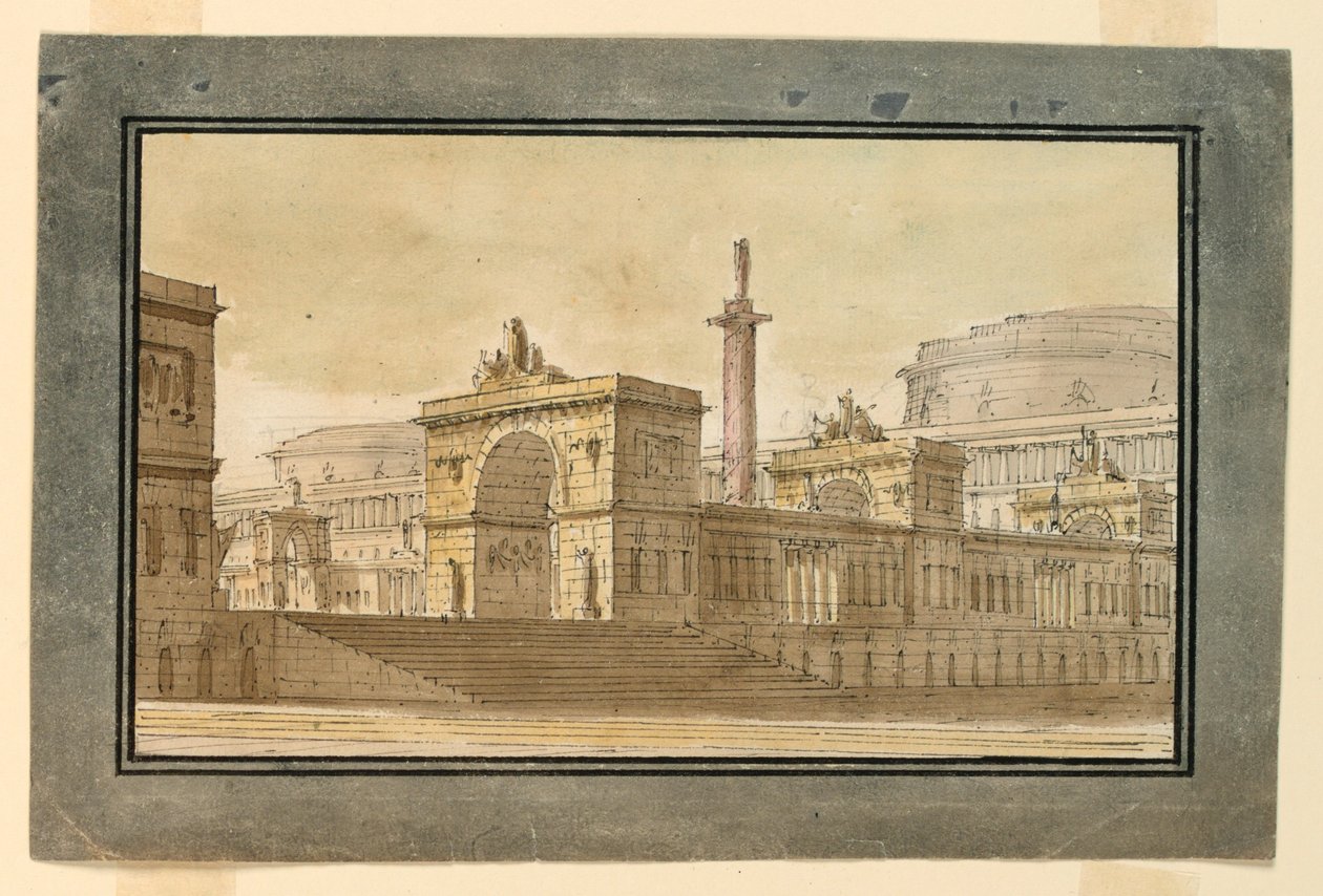 Scenedesign, gruppe palassbygninger av Angelo Toselli