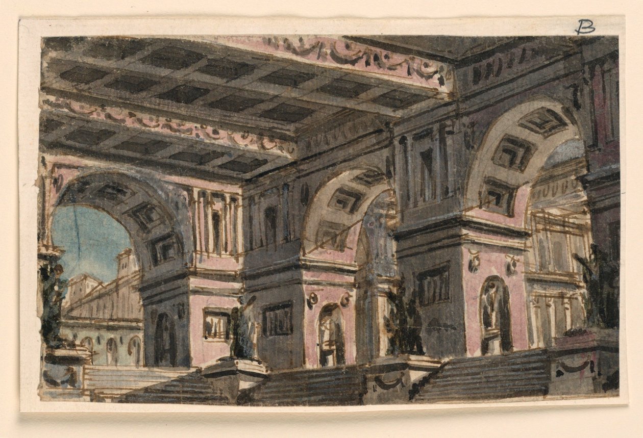 Stage Design, Palace Atrium   1300408   no       norwegian Successfully Translated  Original: View looking towards the gateway of Montague House, Southwark, London, 1827 Translat: View looking towards the gateway of Montague House, Southwark, London, 1827  av Angelo Toselli