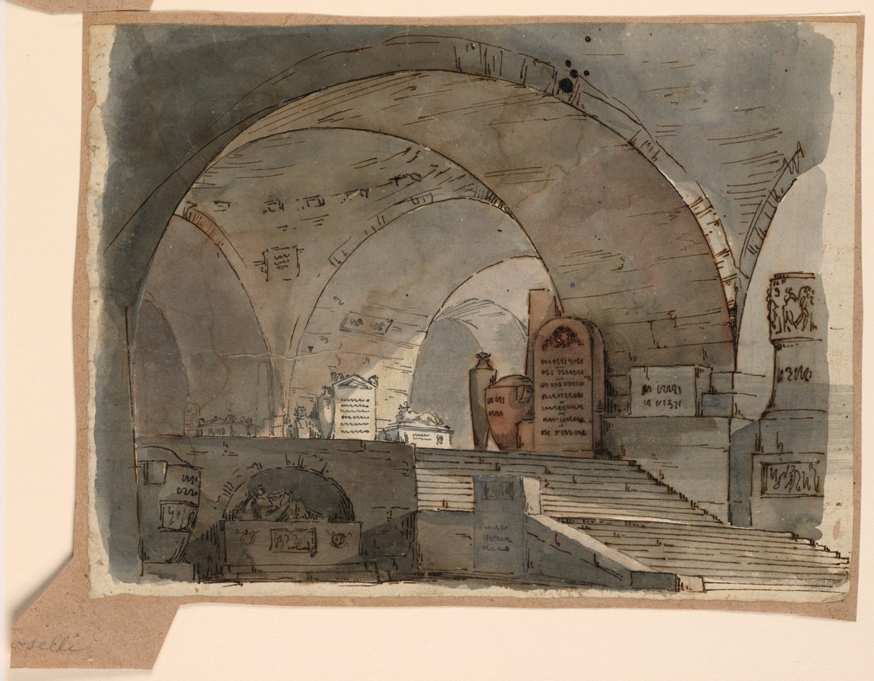 Scenedesign, underjordisk hvelvede rom med graver av Angelo Toselli