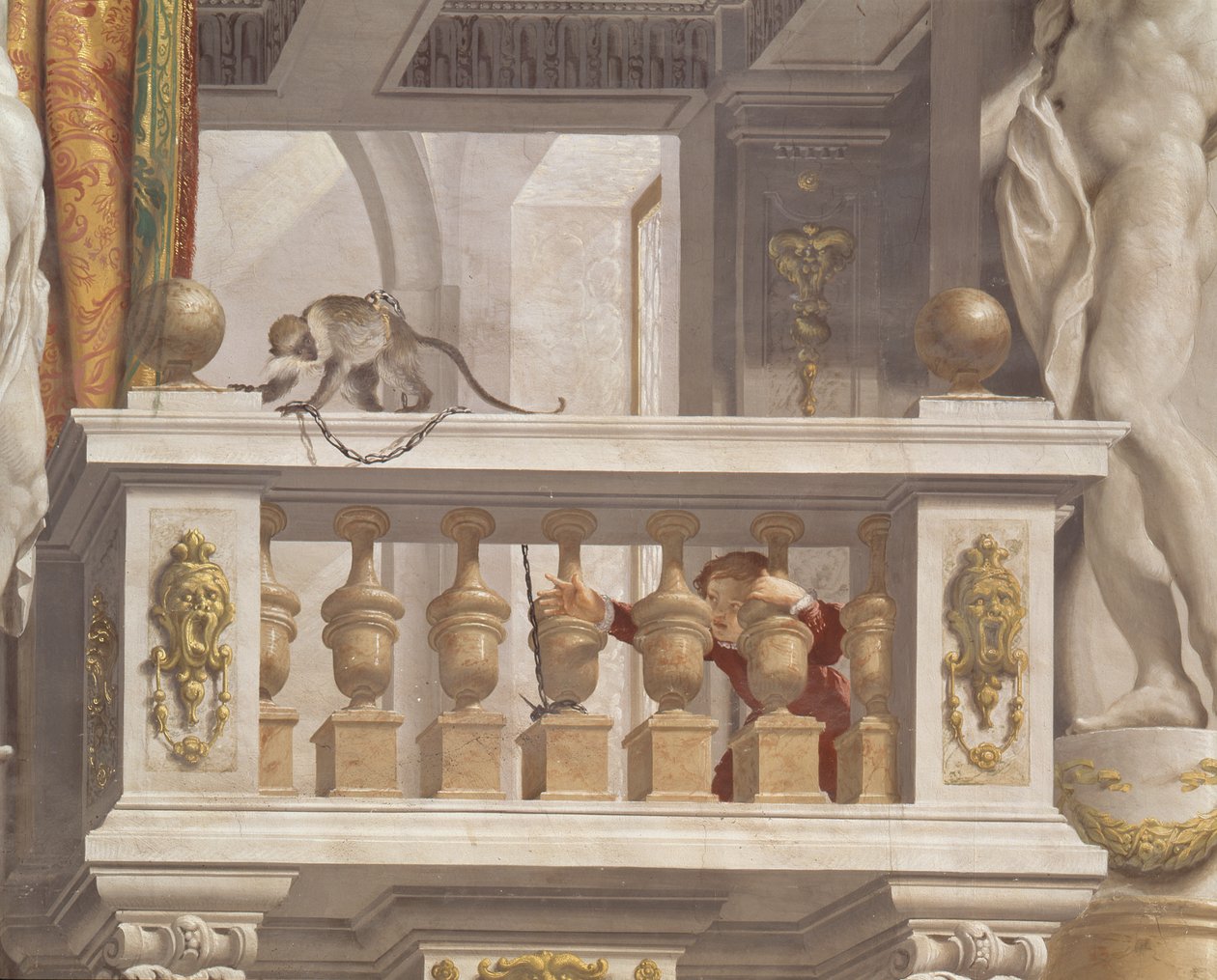 Mottaksrom til storhertugen, takdetalj som viser en ape og en ung gutt på en balustrade, 1638-44 av Angelo and Mitelli Colonna