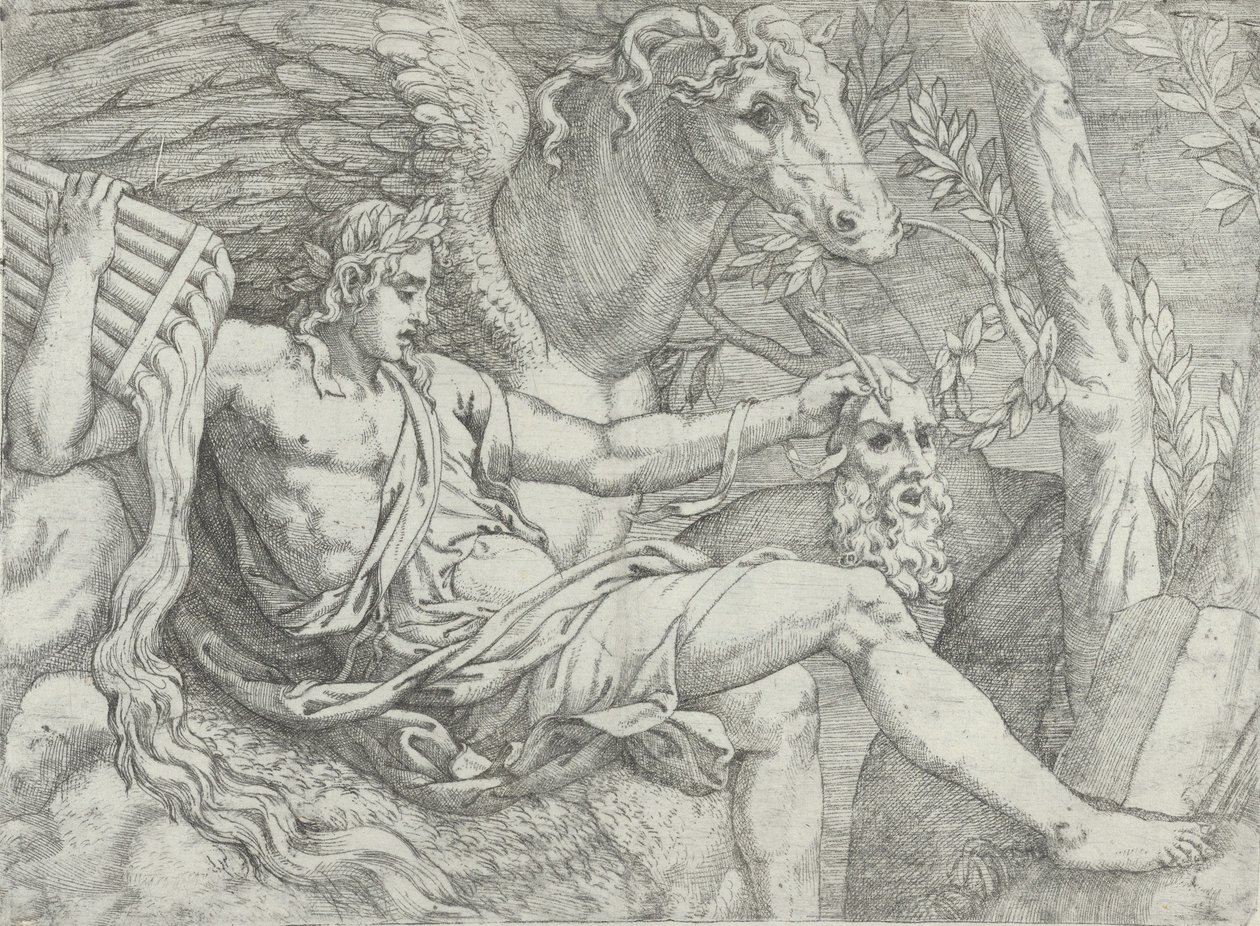 Apollo holder rør i høyre hånd akkompagnert av Pegasus, 1556-60. av Angiolo Falconetto