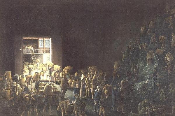 Fylling av tekister; og teproduksjon i den første prosessen, ca. 1820 (en av et par) ca. 1820 av Anglo Chinese School