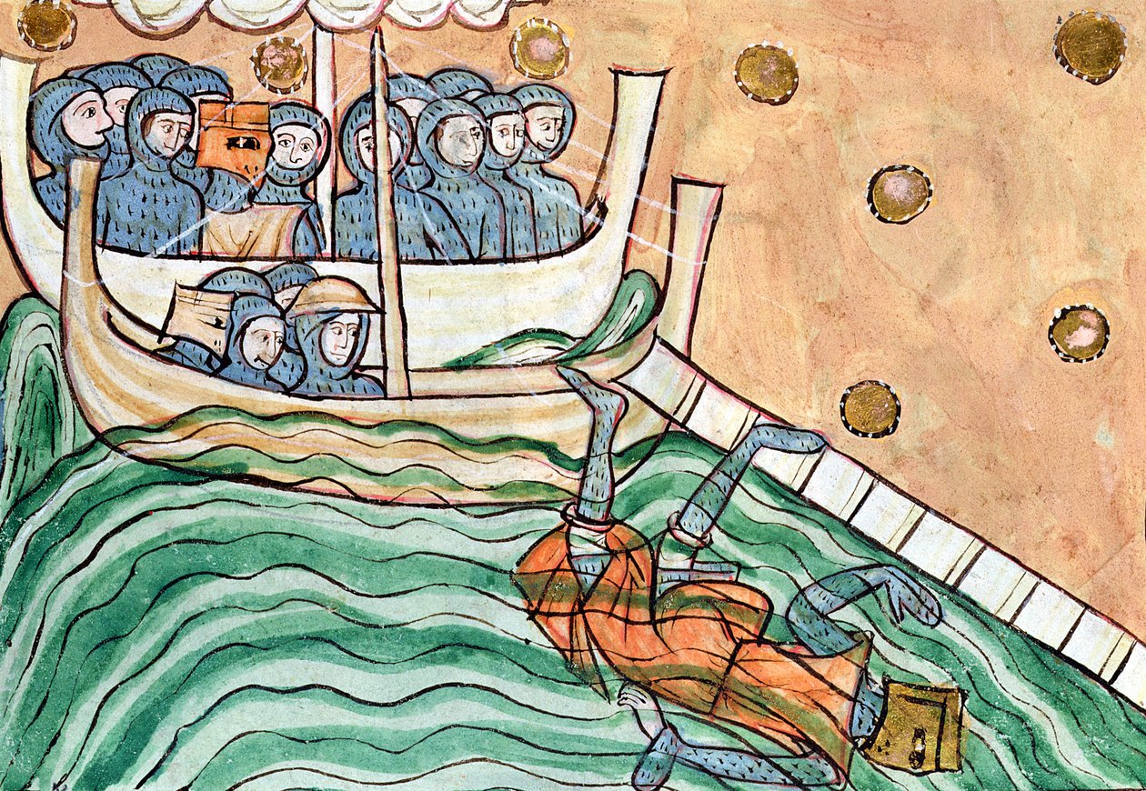En druknende viking, muligens Olav Trygvason (968-1000) av Norge i slaget ved Svold 9. september 1000 av Anglo Saxon