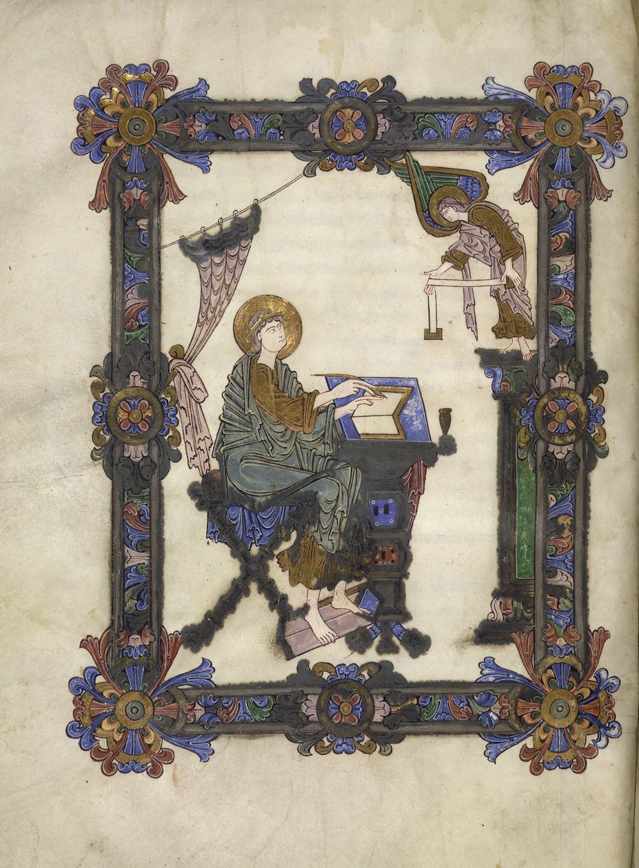 Legg til 34890 f.10v St. Matthew, Winchester School, c.1020 (vellum) av Anglo Saxon