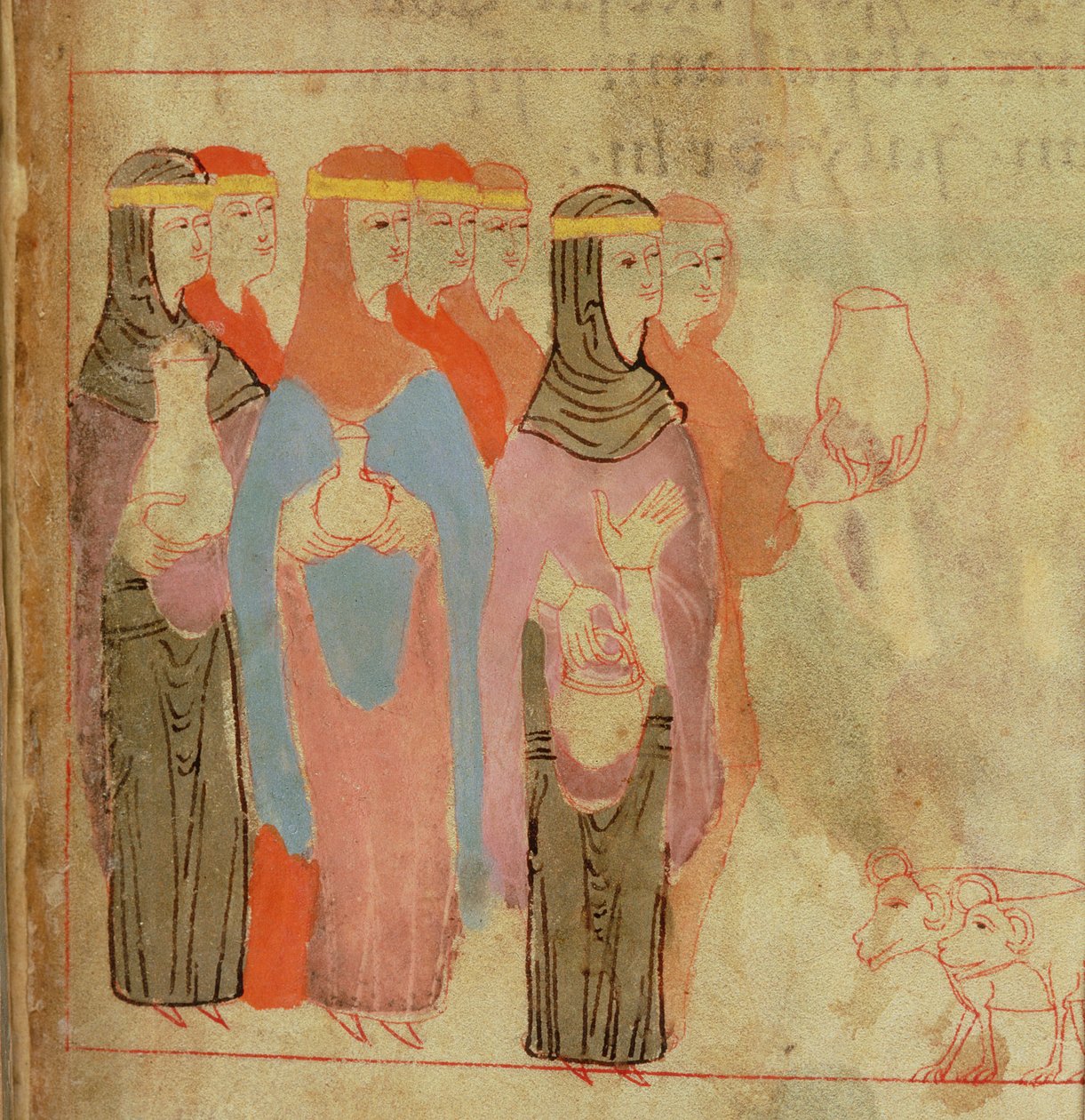 Cott Claud B IV f.76 Kvinner med gull pannebånd, fra Aelfric Pentateuch, fra St. Augustine
