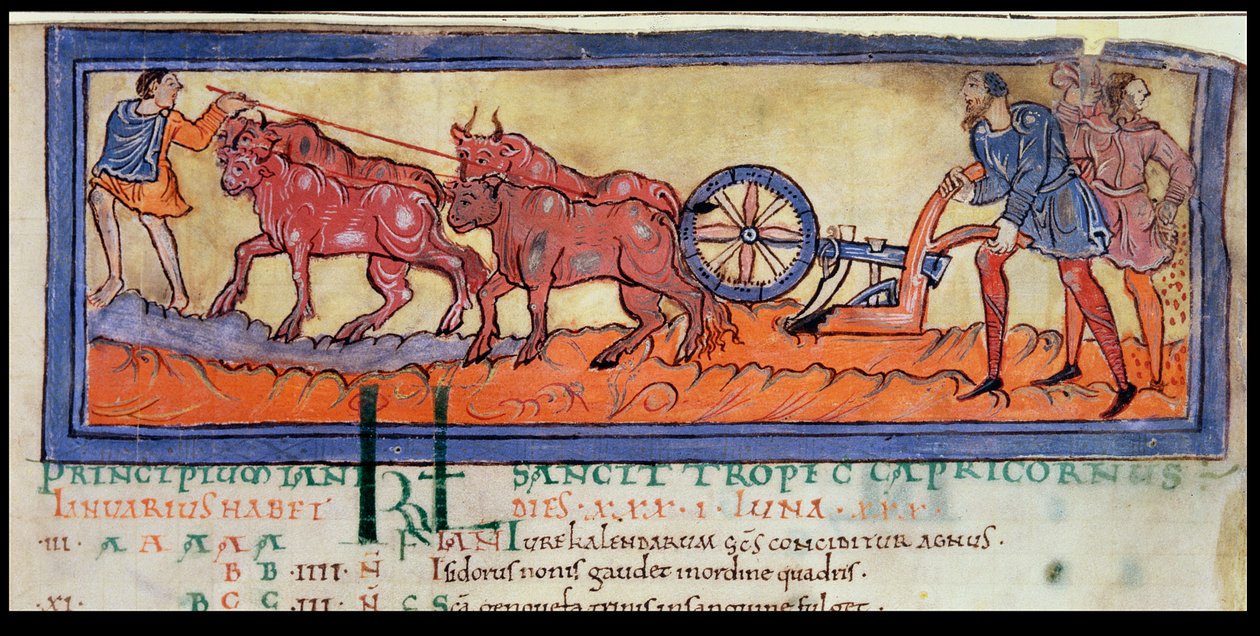 Cott Tib B V f.3 Pløying, fra en kalender, ca. 1030 (vellum) av Anglo Saxon