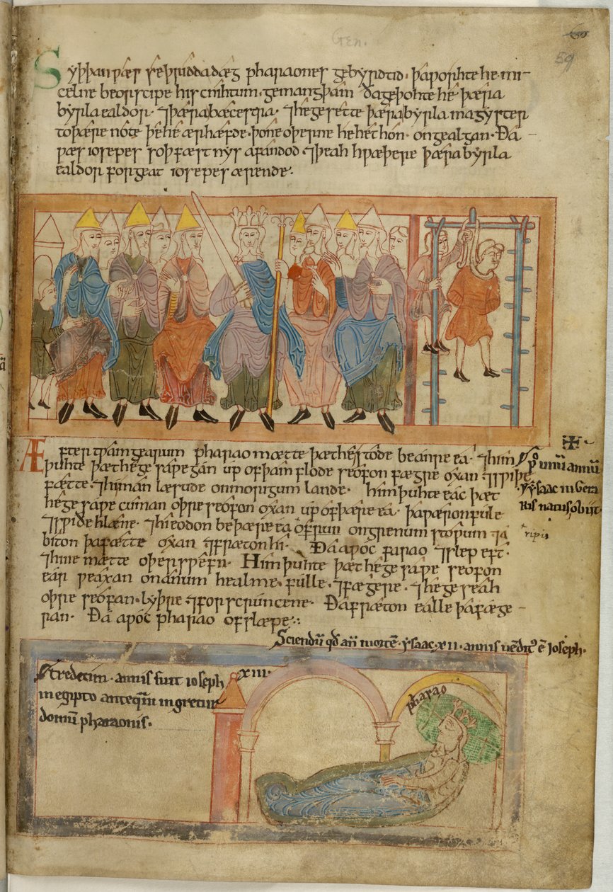 Bomull Claudius B. IV, f.59 Farao får sin sjefsbaker hengt, vellum av Anglo Saxon