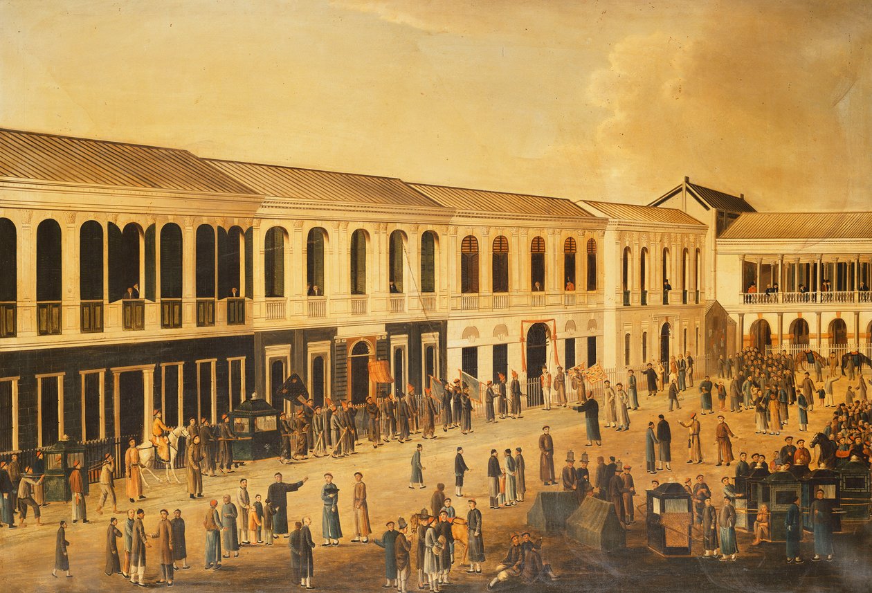En utsikt over Hongs ved vannkanten ved Canton, ca. 1825 av Anglo Chinese School