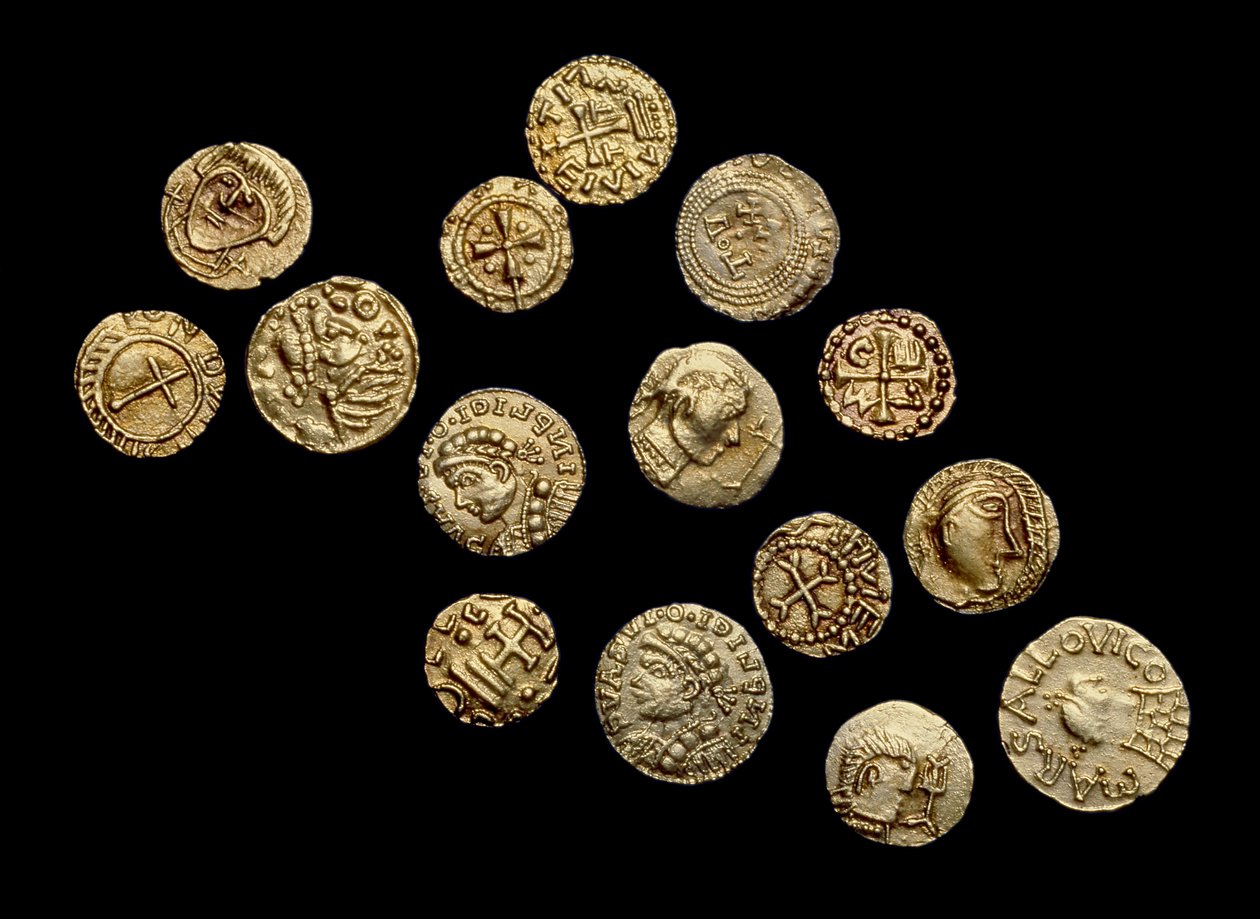 Komplett ikke-lokalt angelsaksisk myntlager, Crondall-skatten, fra Crondall, Hampshire (gull) av Anglo Saxon