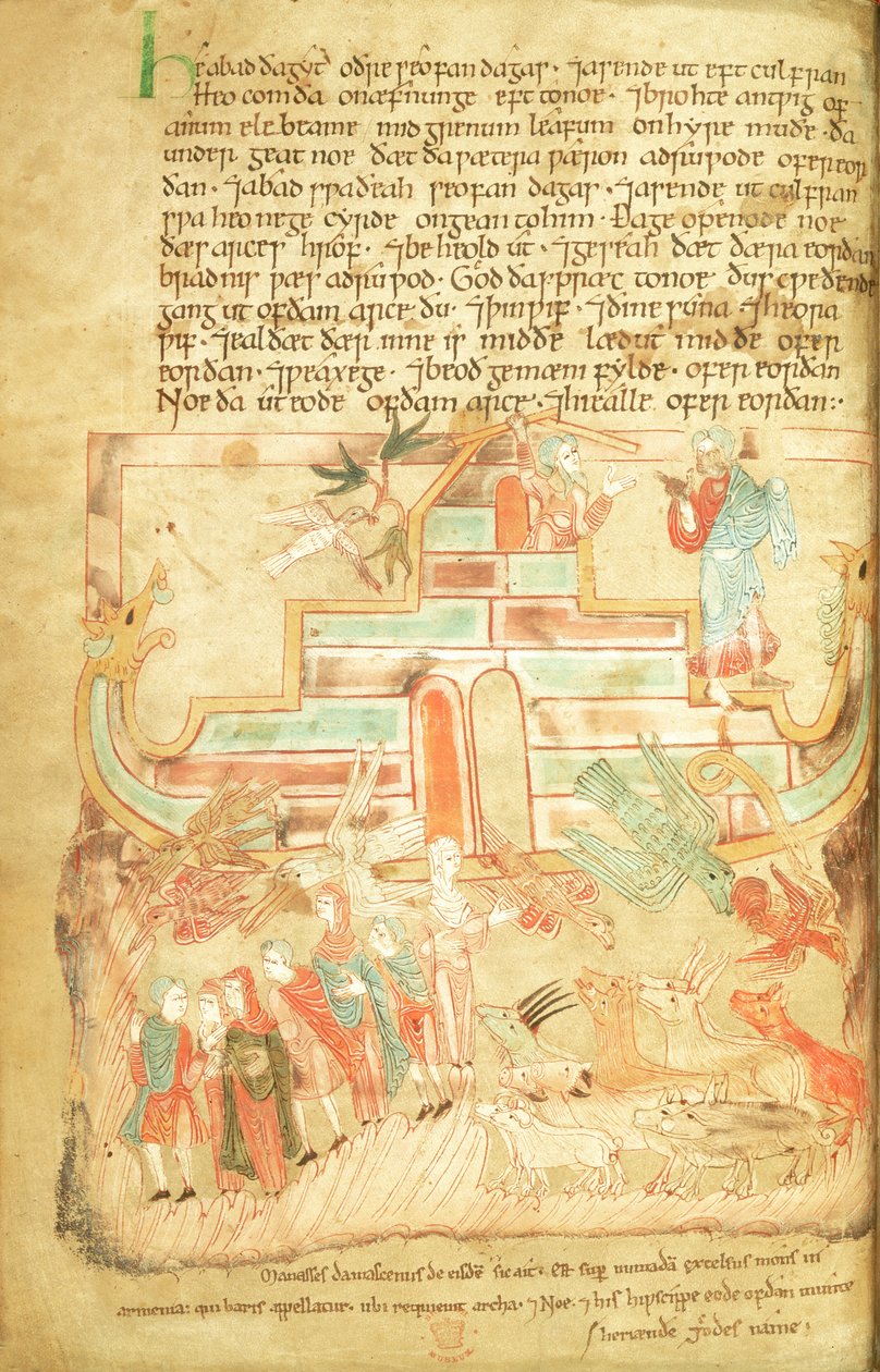 Cott Claud B IV f.15v Noah og familie forlater arken, fra Aelfric Pentateuch, fra St. Augustine
