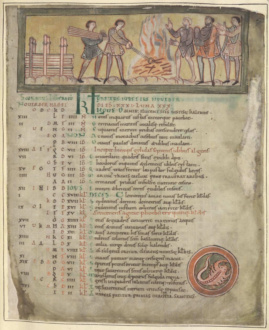 Cotton Tiberius B. V. Del 1 f.8 Oppvarming og smiing, november fra en kalender, Winchester (?) andre kvartal av 1000-tallet (vellum) av Anglo Saxon