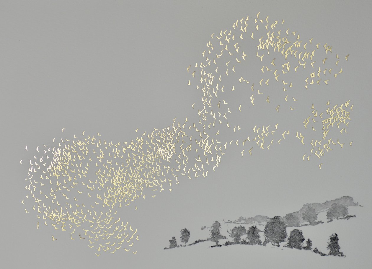 Fugue, 2017 (akvatint og stempling av varme blader på papir) av angus hampel