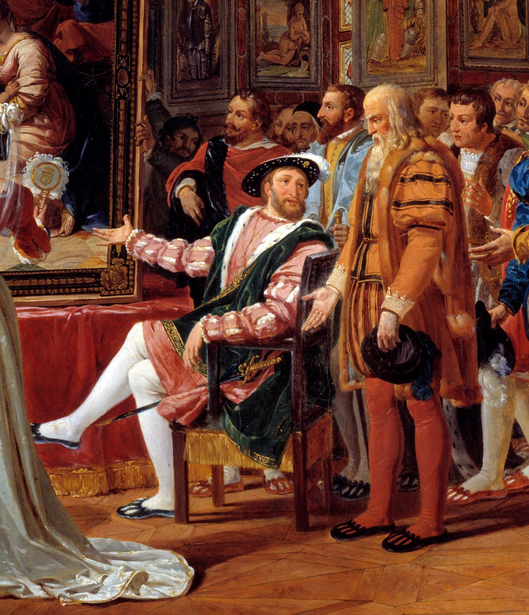Detalj av maleriet: Francois 1.s århundre: Francois 1. Konge av Frankrike mottar i Fontainebleau maleriet av den hellige familie, sendt fra Roma av Raphael (Raffaello sanzio italiensk maler) som en hyllest til hans takknemlighet. Leonard de Vinci (Leonar av Anicet Charles Gabriel Lemonnier