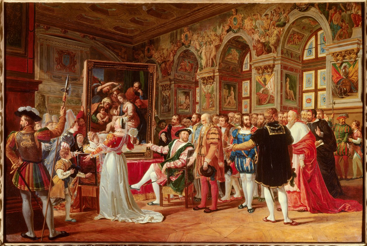 Francois 1.s århundre: Francois 1. Konge av Frankrike mottok maleriet av den hellige familie i Fontainebleau, sendt fra Roma av Raphael (Raffaello sanzio italiensk maler) som en hyllest til hans takknemlighet. På sidene skiller vi: (Del til venstre o av Anicet Charles Gabriel Lemonnier
