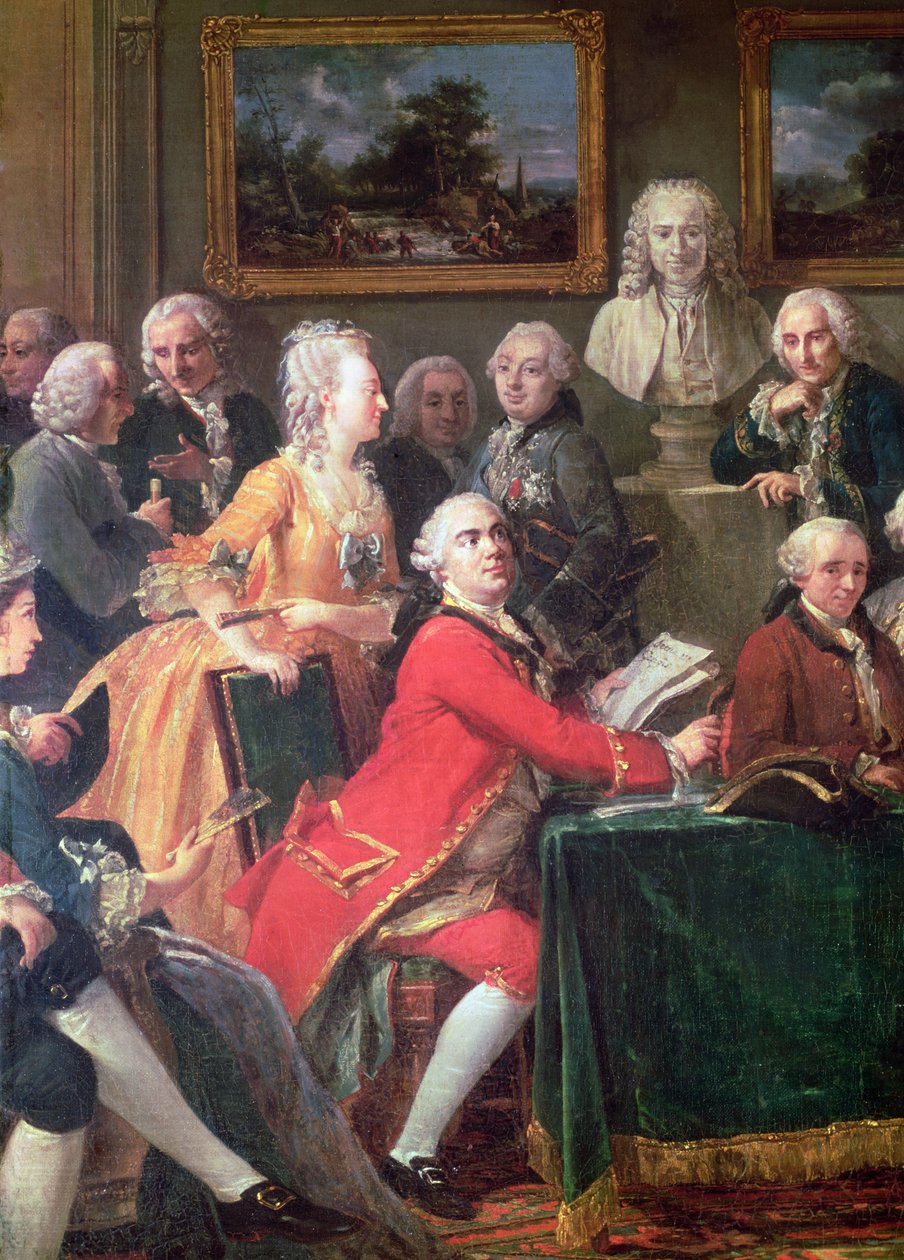 En Soirée hjemme hos Madame Geoffrin detalj av Lekain og Mademoiselle Clairon, 1755 olje på lerret av Anicet Charles Lemonnier