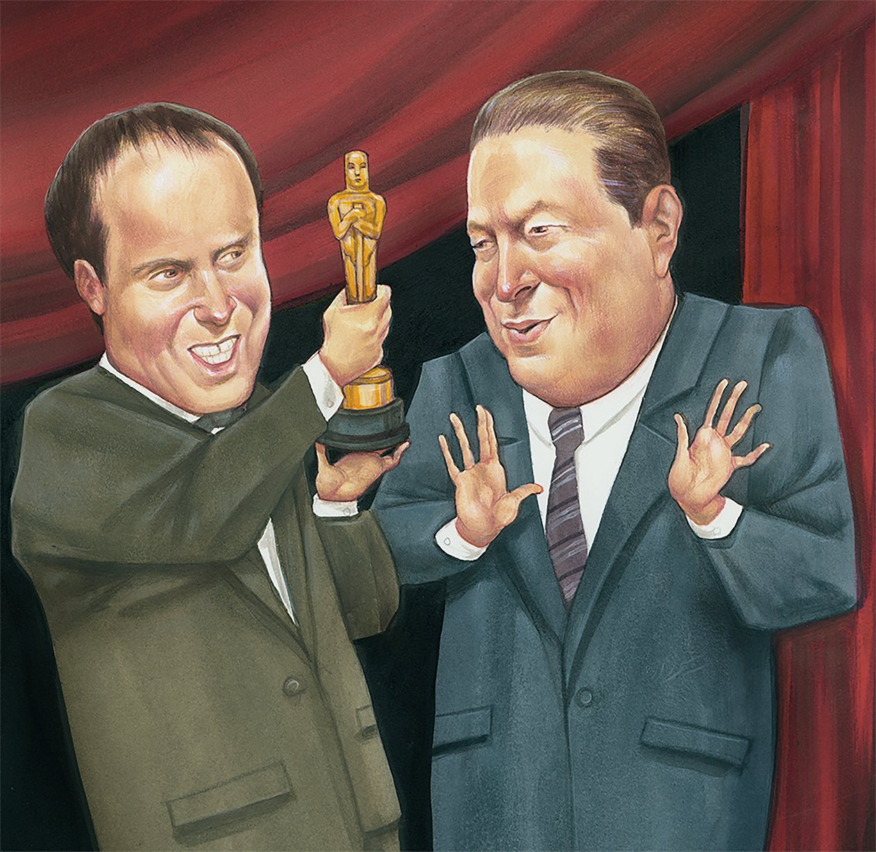 Al Gore mottar Oscar, 2007 (akryl på illustrasjonspapp) av Anita Kunz