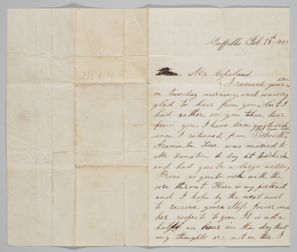 Brev til John Copeland fra hans kone Ann, 18. februar 1861. av Ann Hurst Copeland