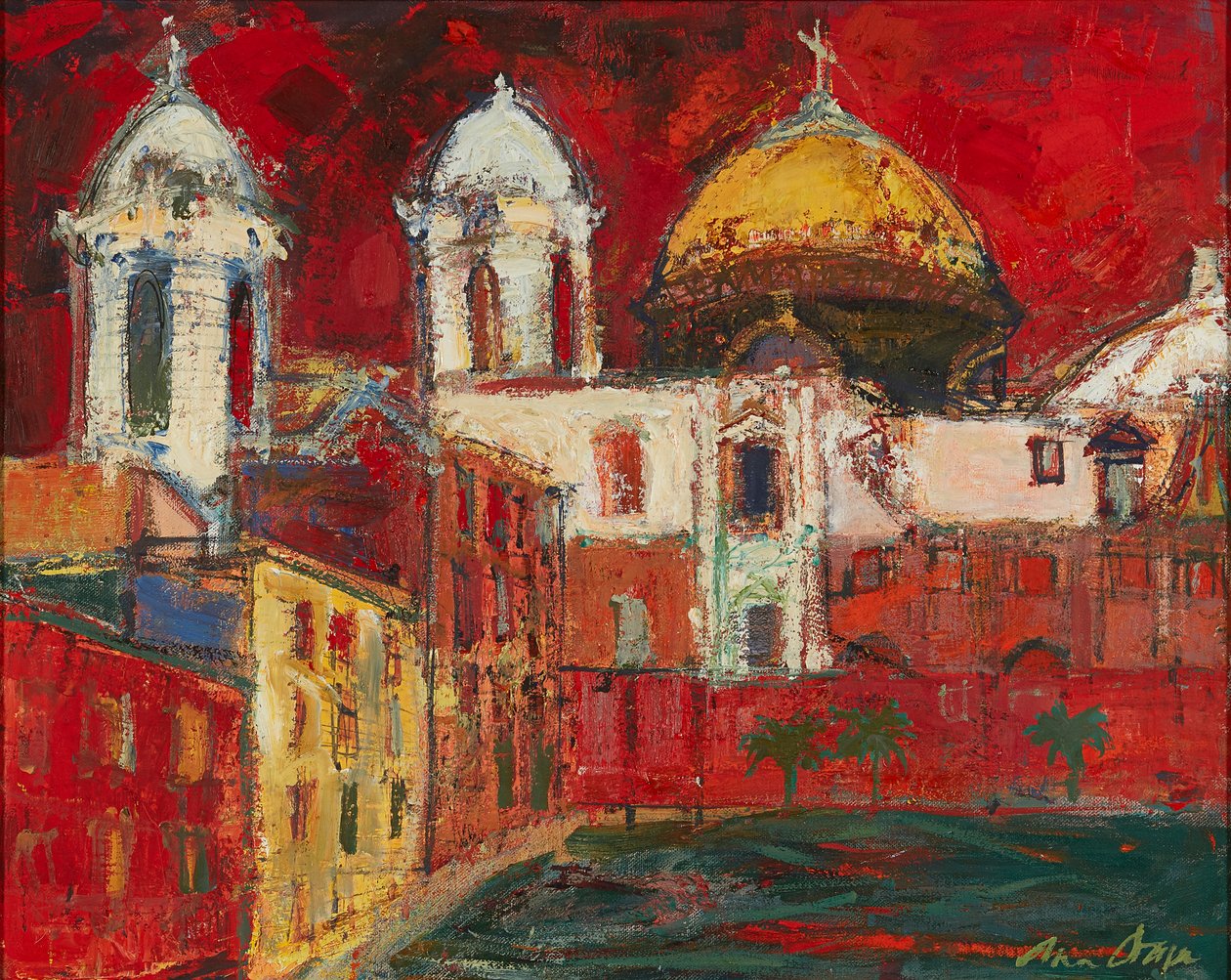 Cadiz katedral og bygninger, rød himmel (olje på lerret) av Ann Oram