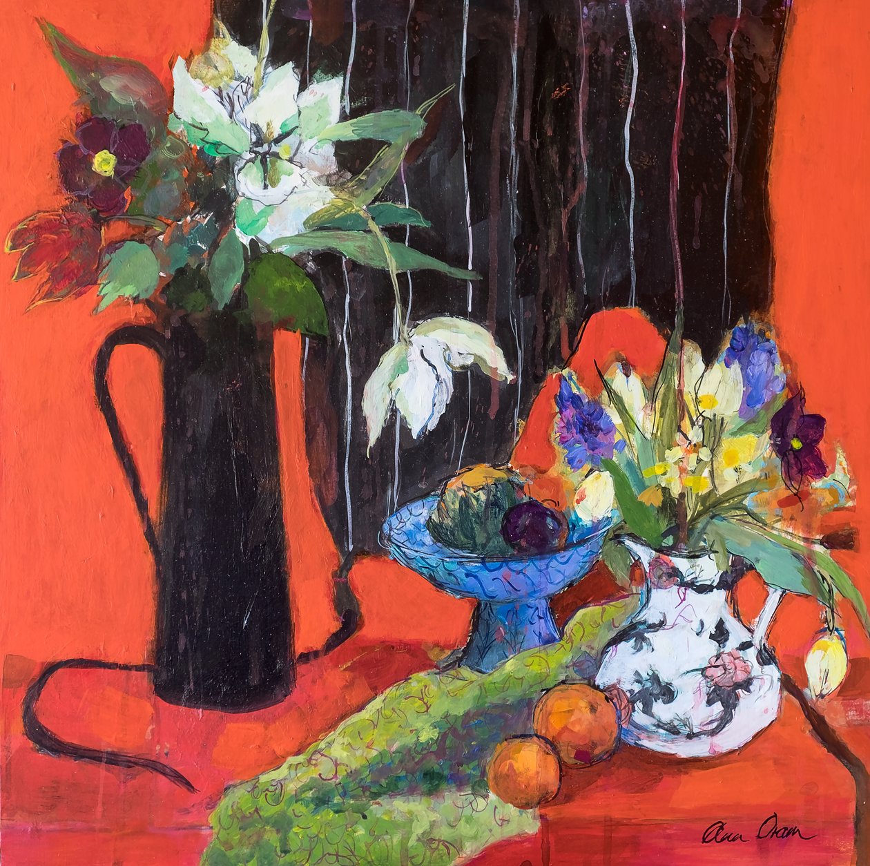 Kitchen Still Life on Red, 2019 (akryl) av Ann Oram