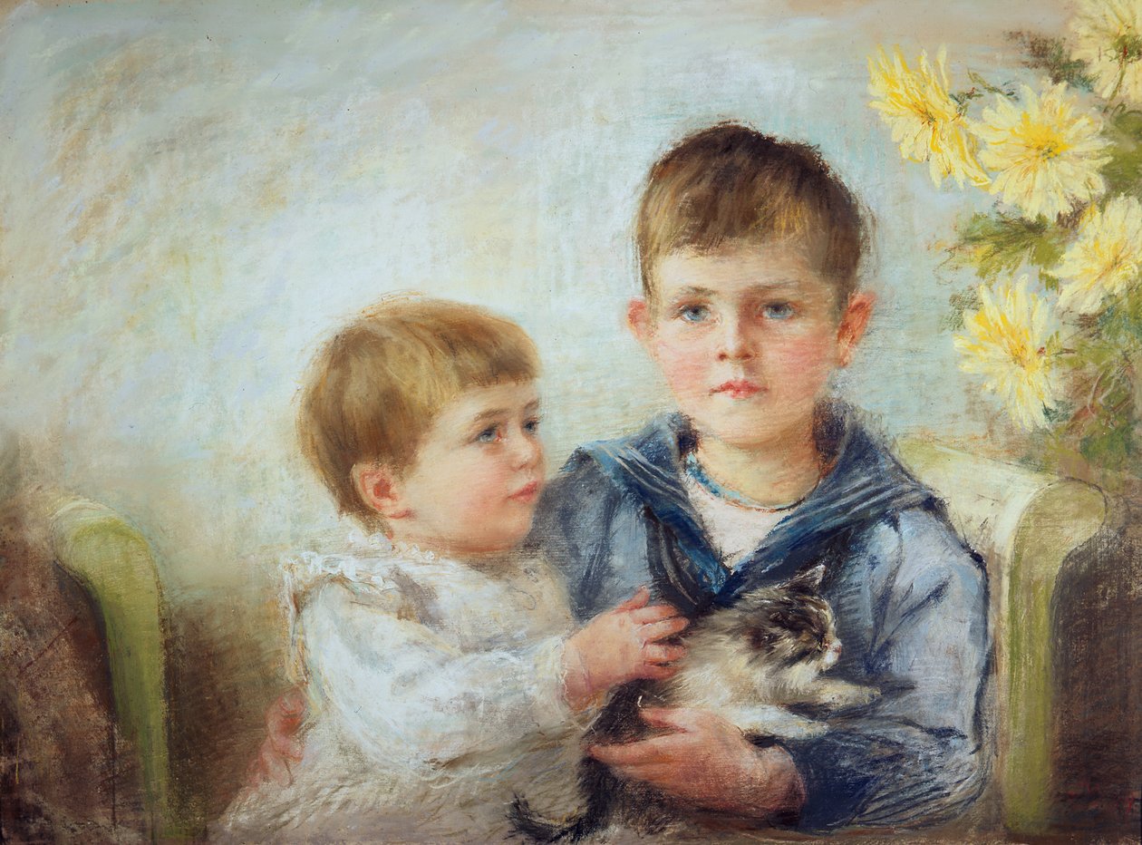 En gutt og jente med en kattunge, 1889 (pastell på papir) av Anna Lea Merritt
