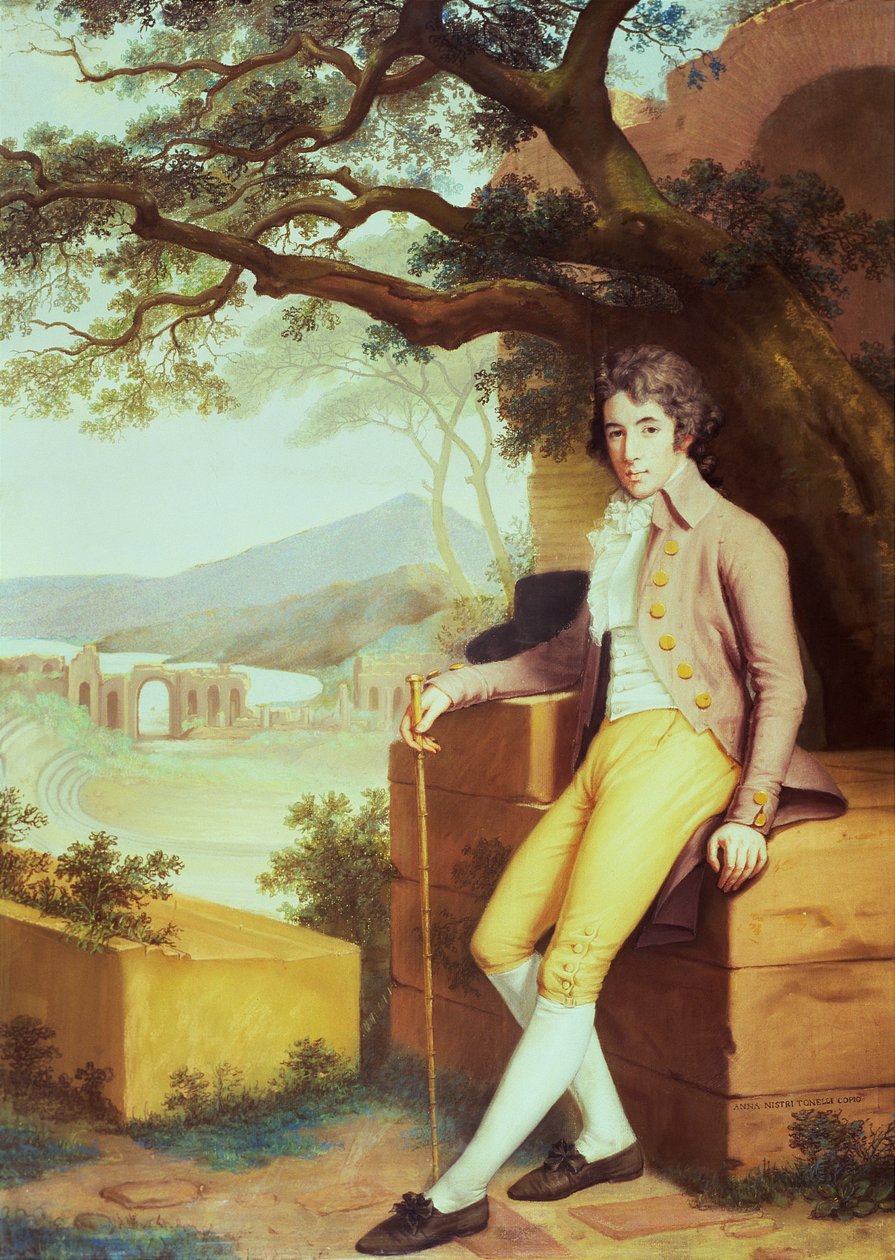 Portrett av oberst David La Touche av Marcey med amfiteateret i Taormina og Etna bak av Anna Nistri Tonelli
