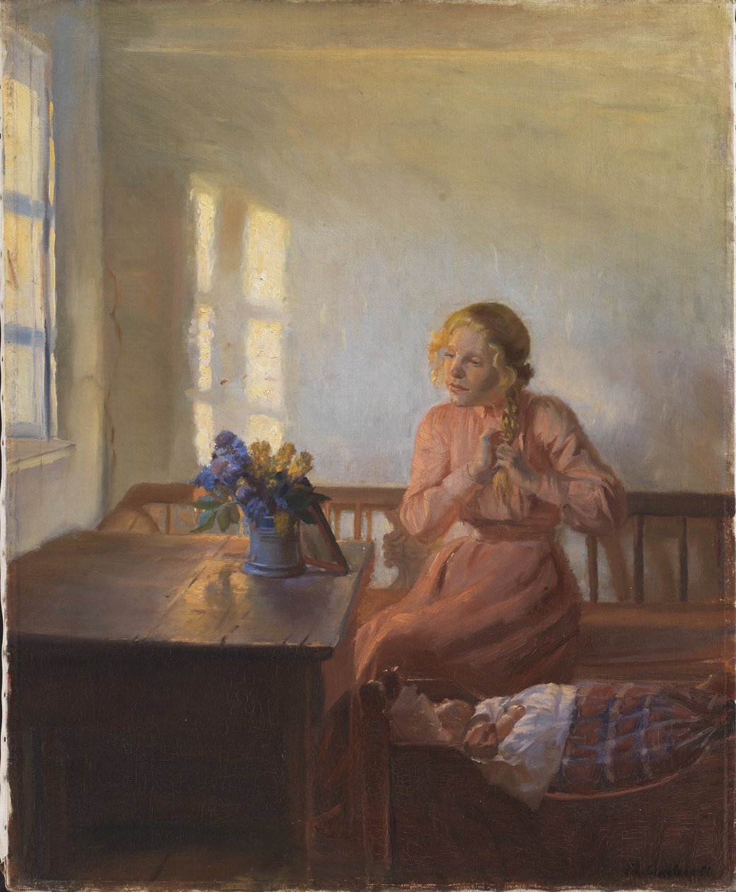 O tânără care își împletește părul norvegian av Anna Ancher