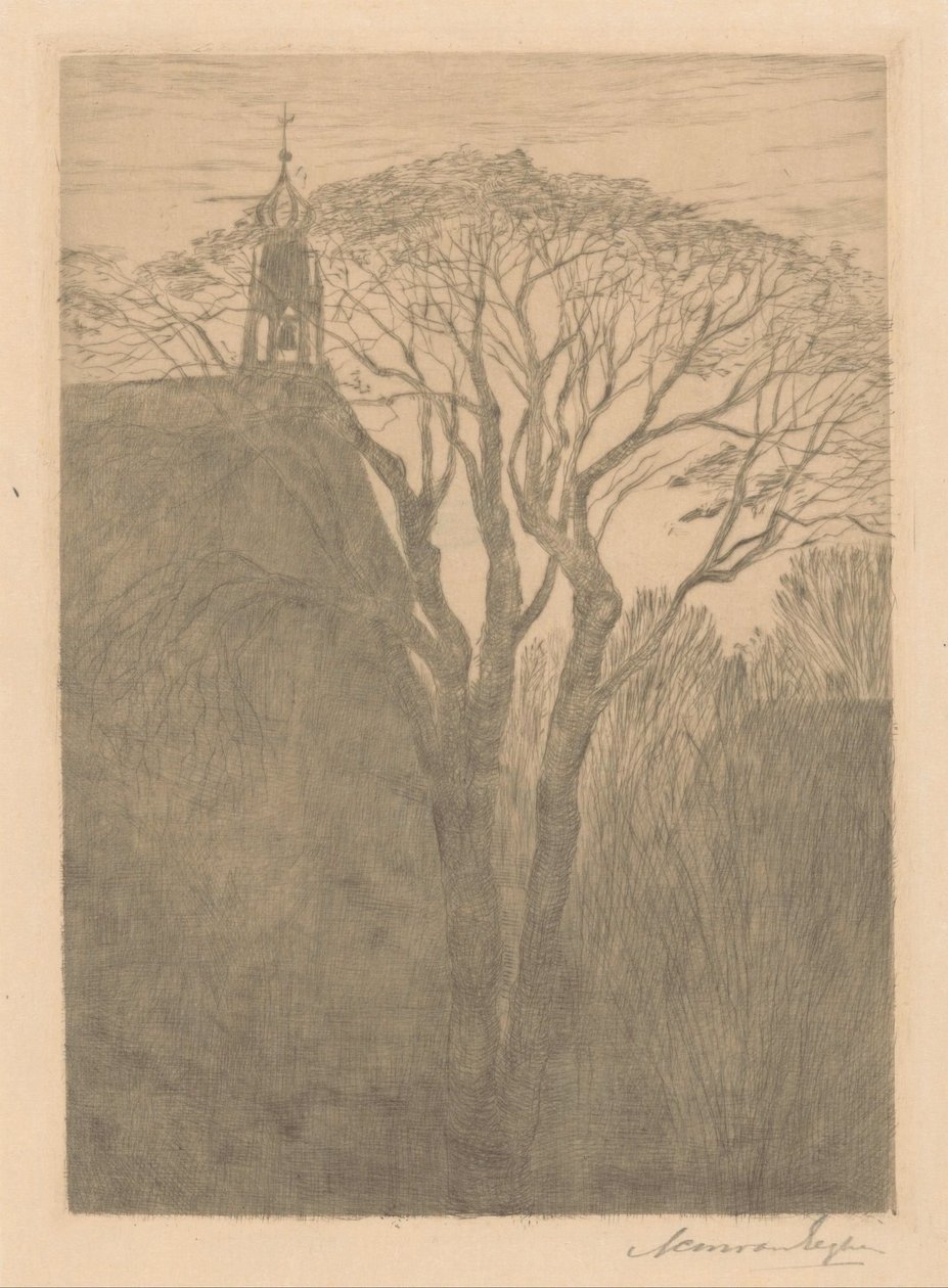 Tre ved en kirke av Anna Catharina Maria van Eeghen (signed by artist)