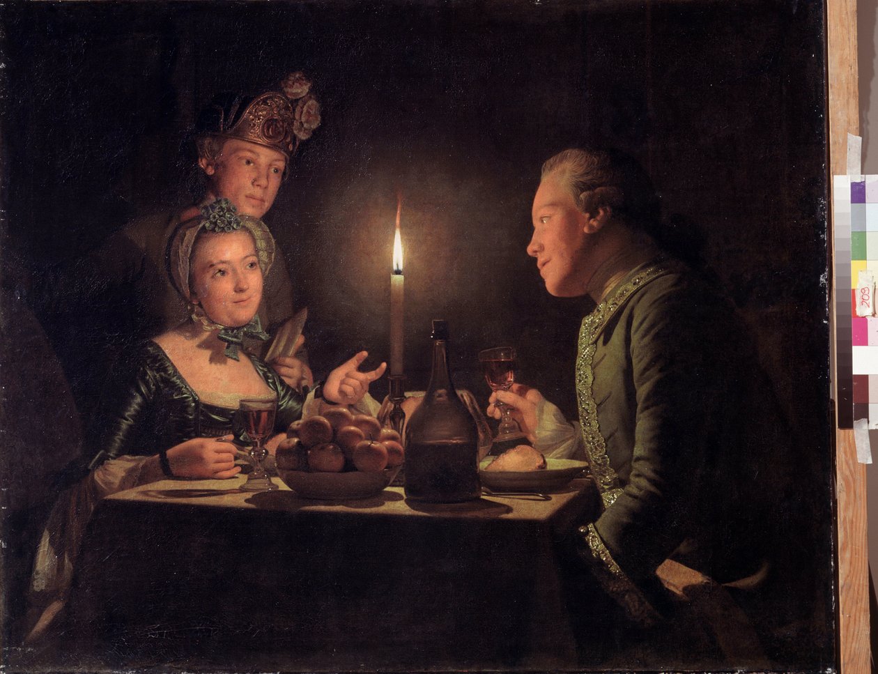 Middag med levende lys (kveldsmat med levende lys). Maleri av Anna Dorothea Therbusch Lisiewska (1721-1782). Olje på lerret, 95,5 x 117 cm av Anna Dorothea Lisiewska