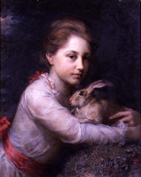 Portrett av Minna Sophia Farrer som holder en hare av Anna Lea Merritt