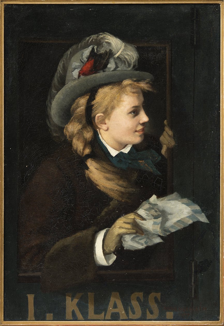 Kvinne ved vinduet til et tog - Dame i et togvindu, av Nordgren, Anna (1847-1916). olje på lerret av Anna Nordgren