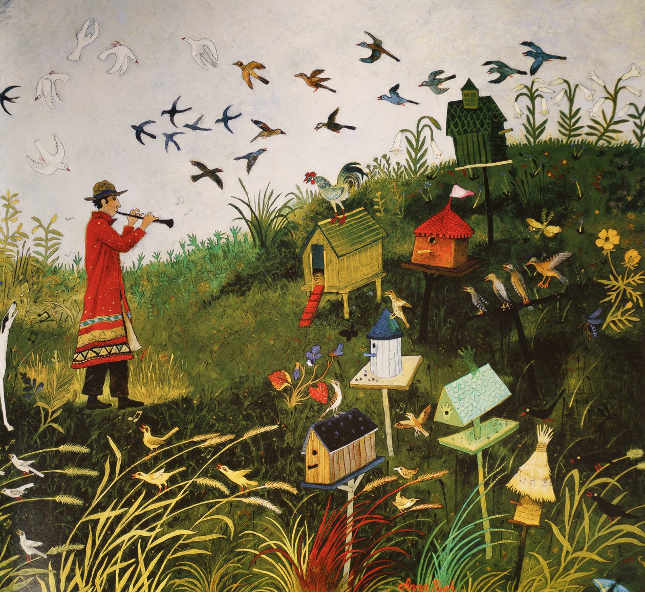Fuglepiper med svarte fugler, 2001 (akryl) av Anna Pugh