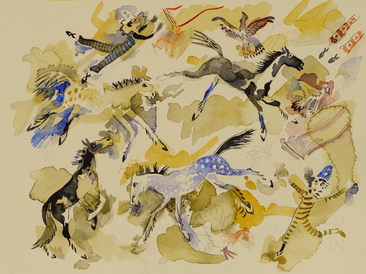 Hest og klovner, 2023 (akvarell) av Anna Pugh