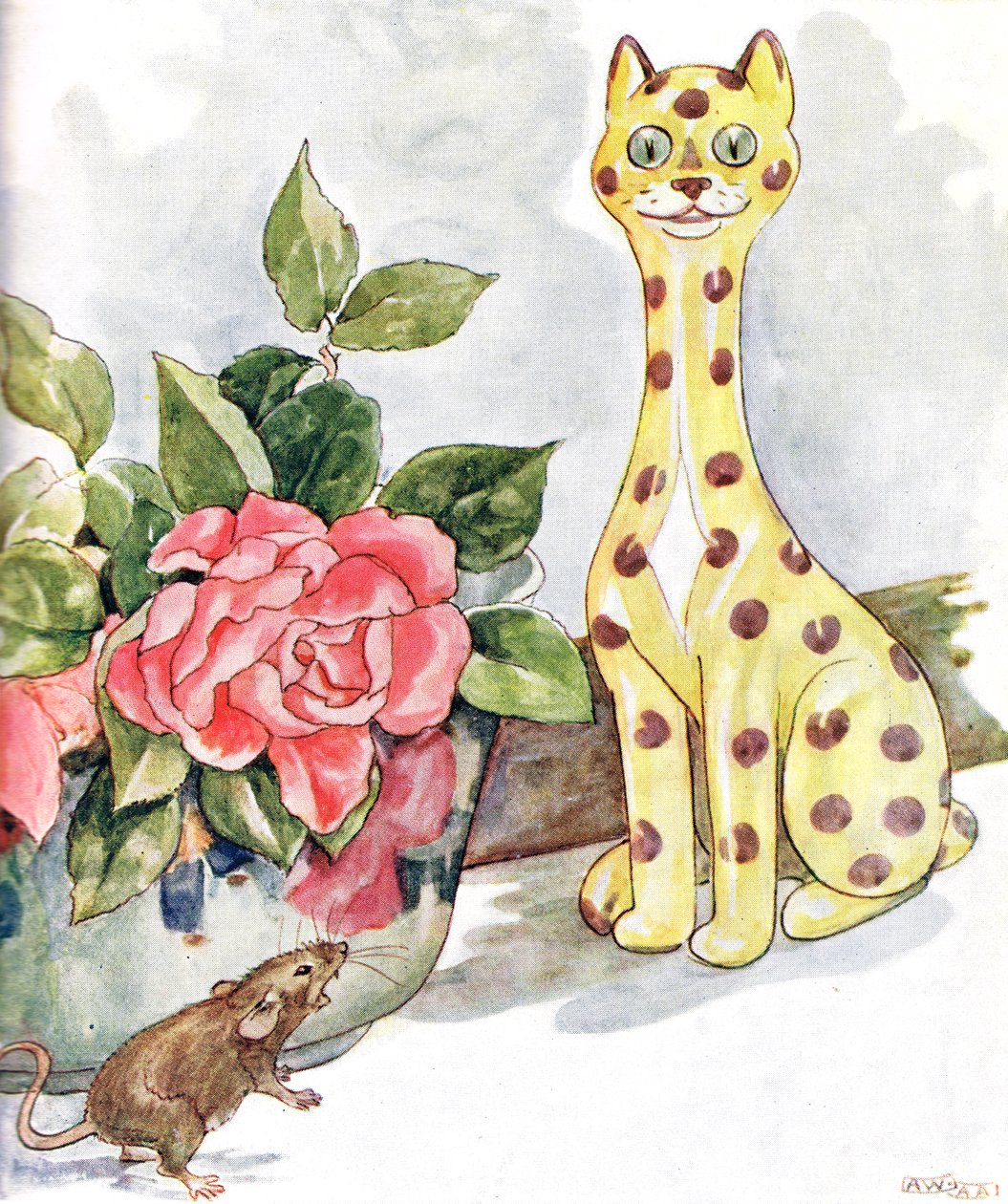 'Jeg så en flott katt helt dekket av flekker', illustrasjon fra 'The Mischievious Mousie Book', utgitt av Thomas Nelson und Sons, 1920-tallet av Anne Anderson