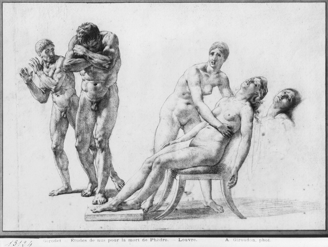 Death of Phaedra, forberedende skisse for illustrasjonen av Racines komplette verk, Act V Scene VII, utgitt 1801 (svart blyant på papir) av Anne Louis Girodet de Roucy Trioson