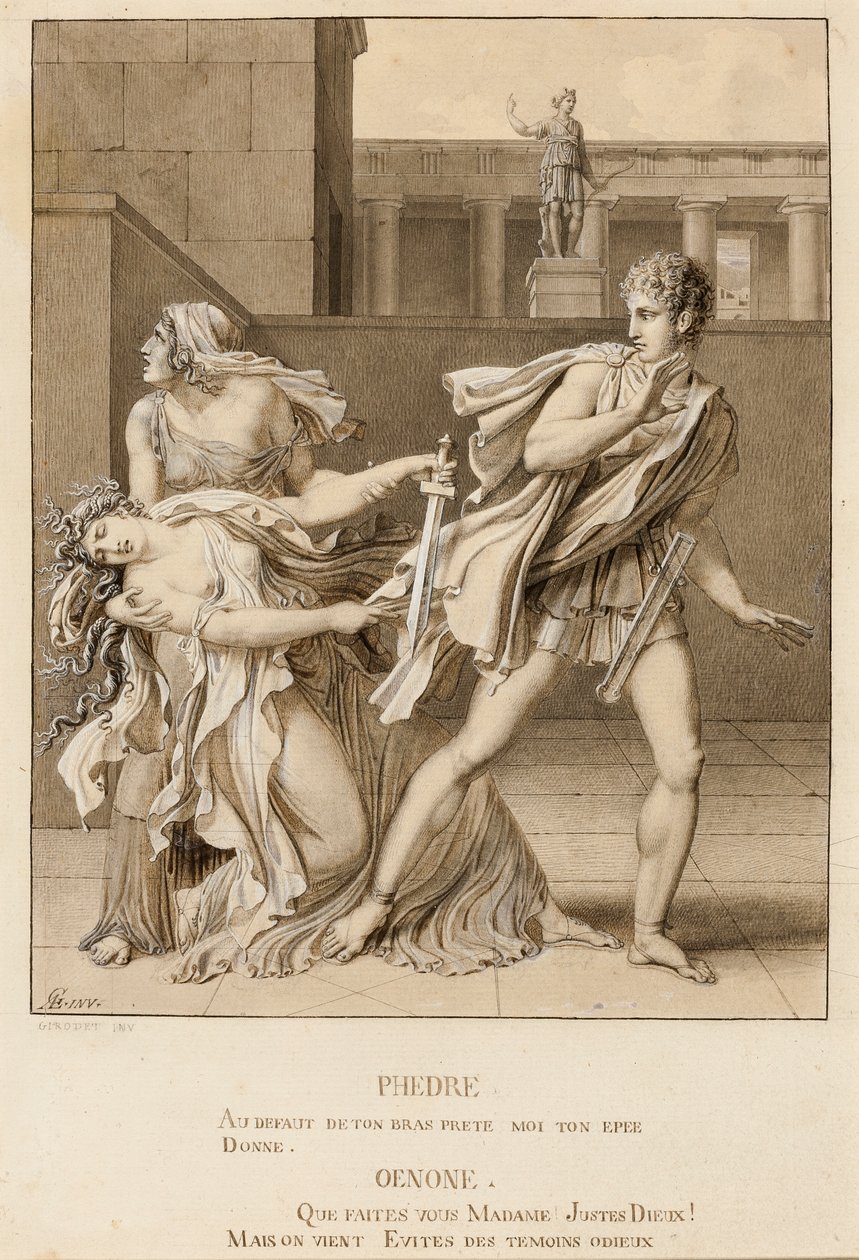 Phaedre, etter å ha erklært sin lidenskap, forsøker å drepe seg selv med Hippolytus sverd av Anne-Louis Girodet de Roucy-Trioson