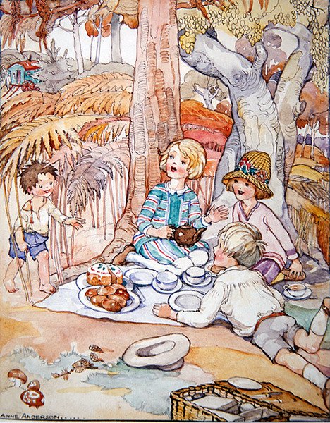 The Picnic (penn og blekk med akvarell på papir) av Anne Anderson