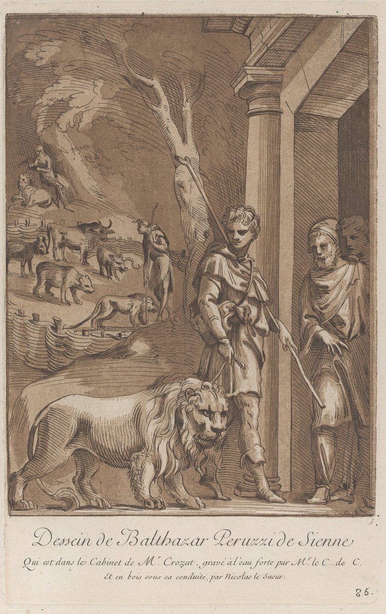 En gjeter som holder en løve i bånd i forgrunnen, i mellomgrunnen sh..., ca. 1729-64 av Anne Claude Philippe de