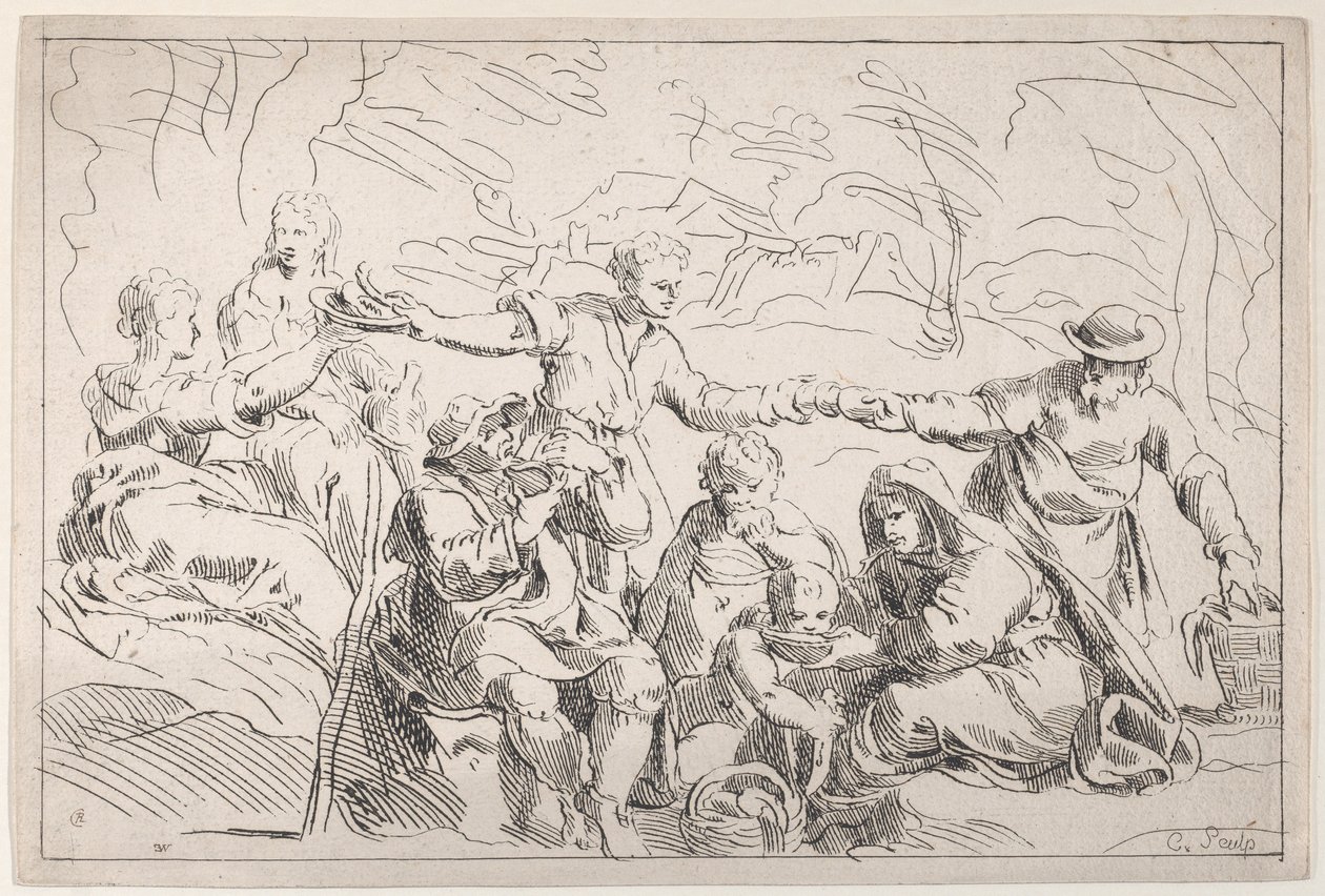 En fest som spiser utendørs, 1700-tallet. av Anne Claude Philippe de Caylus