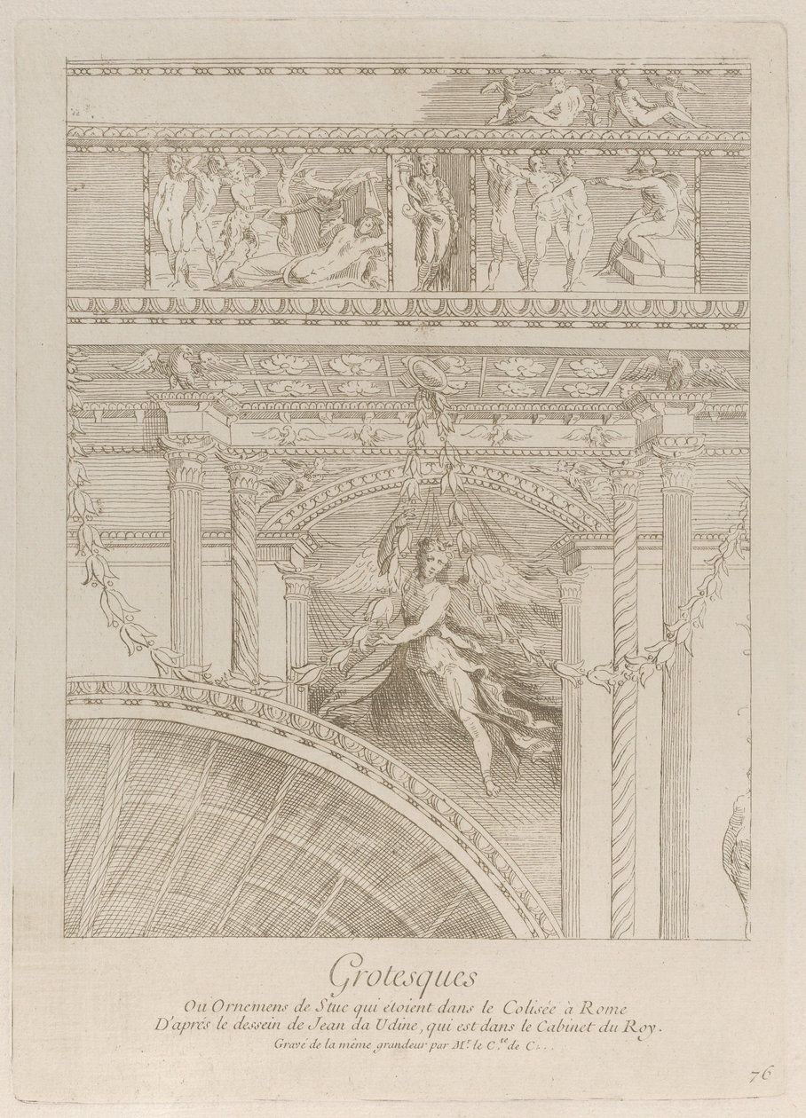 Grotesker: detalj av stukkaturrelieffene som dekorerer Colosseum i Roma, med en vinge..., ca. 1729. av Anne Claude Philippe de Caylus