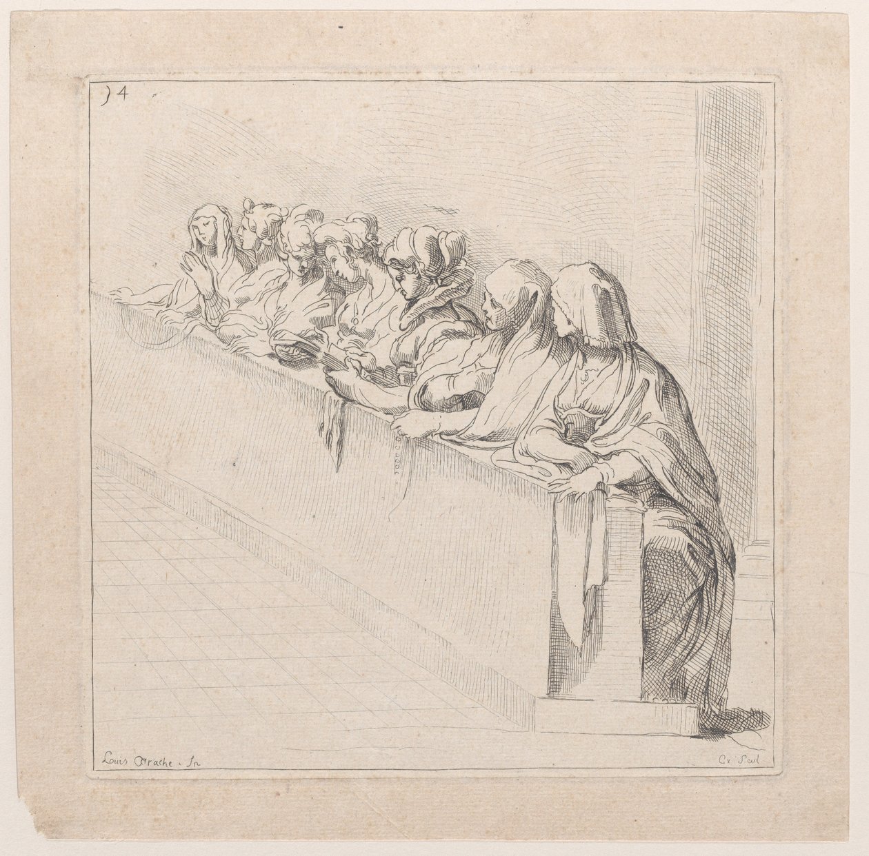 Syv kvinner som sitter bak en lav vegg, 1700-tallet. av Anne Claude Philippe de Caylus