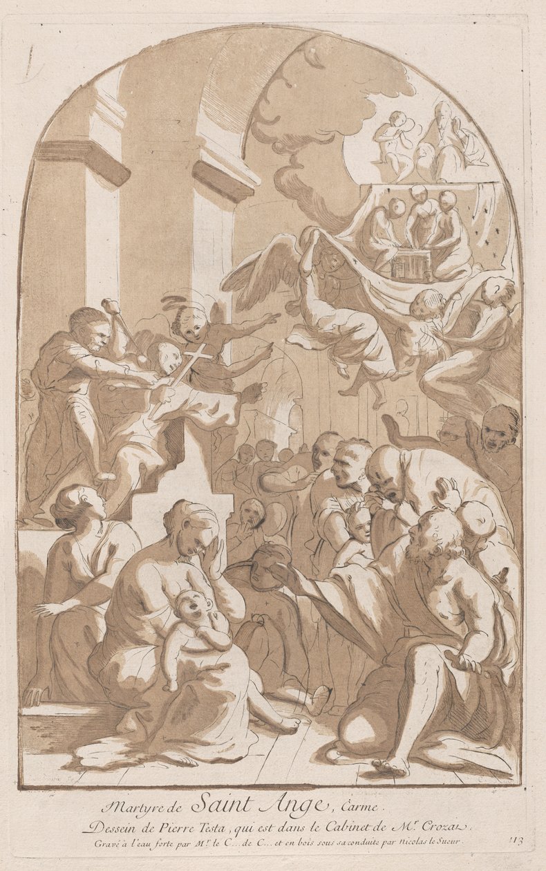 Martyrdøden til Saint Angelo som øverst til venstre blir knivstukket overvåket av gru..., 1729-64. av Anne Claude Philippe de Caylus