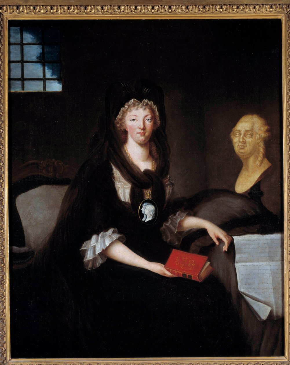 Portrett av Marie Antoinette (1755-1793) i stor sorg ved Temple Prison (eller Marie Antoinette ved Concierge, i sorg, med en kome som representerer delfinen, som holder en bok om livet til Mary, dronning av Skottland, nær en byste av Ludvig XVI og h av Anne Flore Millet de Brehan
