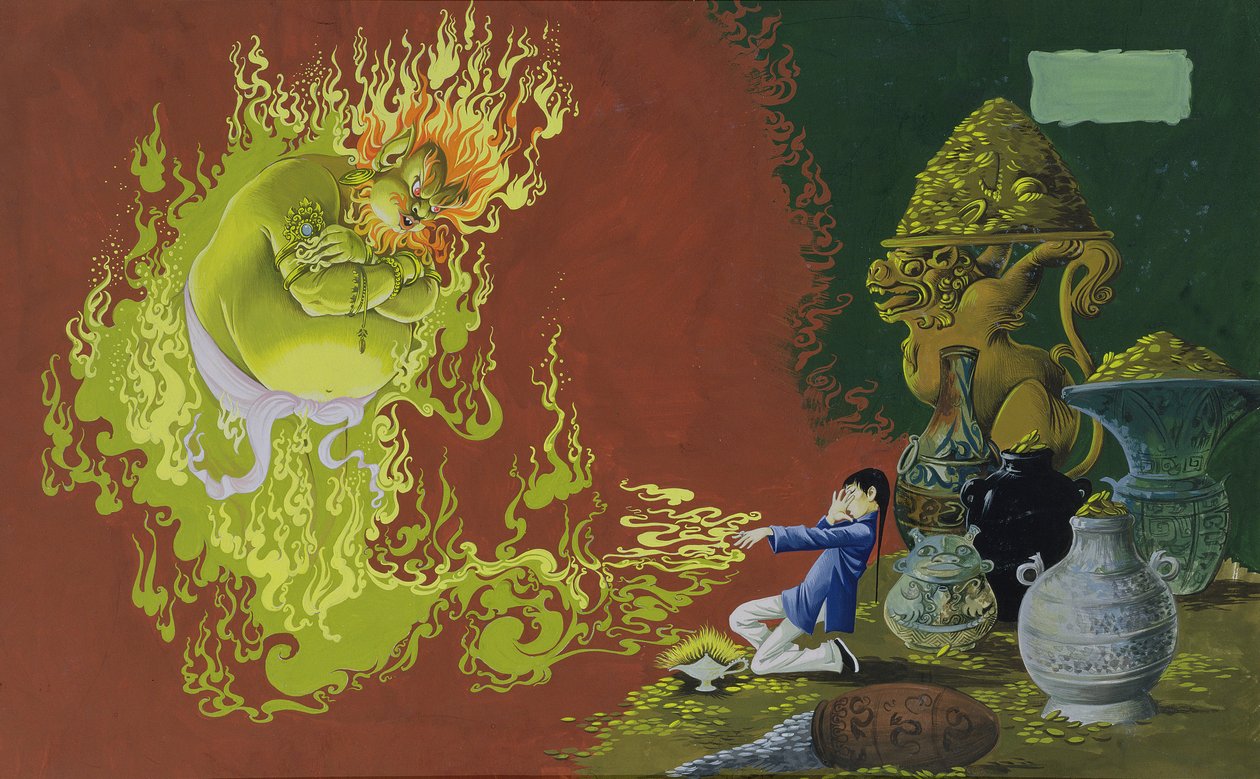 Aladdin, illustrasjon fra Deans Gold Medal Book of Fairy, Tales Number 2 pub. av Dean & Sons Ltd., 1965 (gouache på tonet papir) av Anne Grahame Johnstone