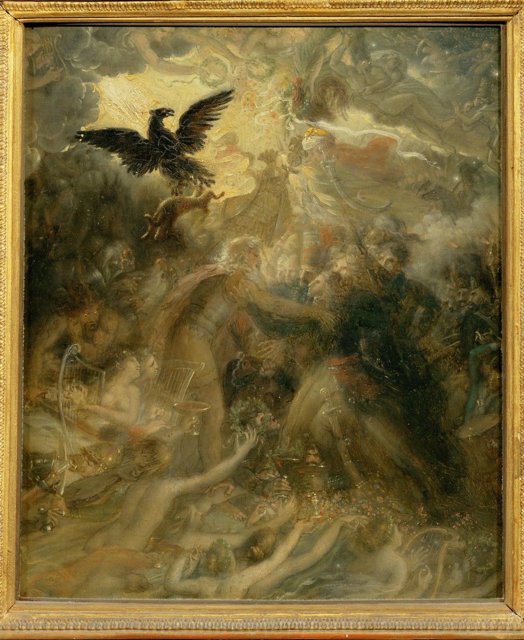Skyggene til de franske heltene mottatt av Ossian i det luftige Élysée. Satirisk svar fra den store... av Anne Louis Girodet de Roucy-Trioson