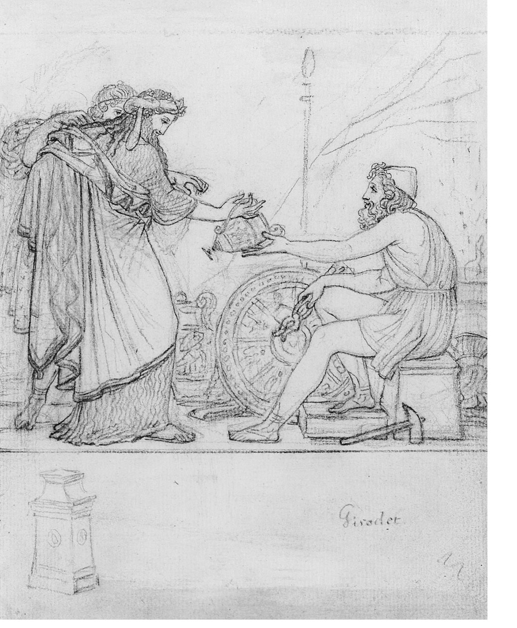Anacreon mottar en sølvvase fra to stående figurer, med en studie av en stele: En illustrasjon til Anacreons Ode XVII med inskripsjonen 