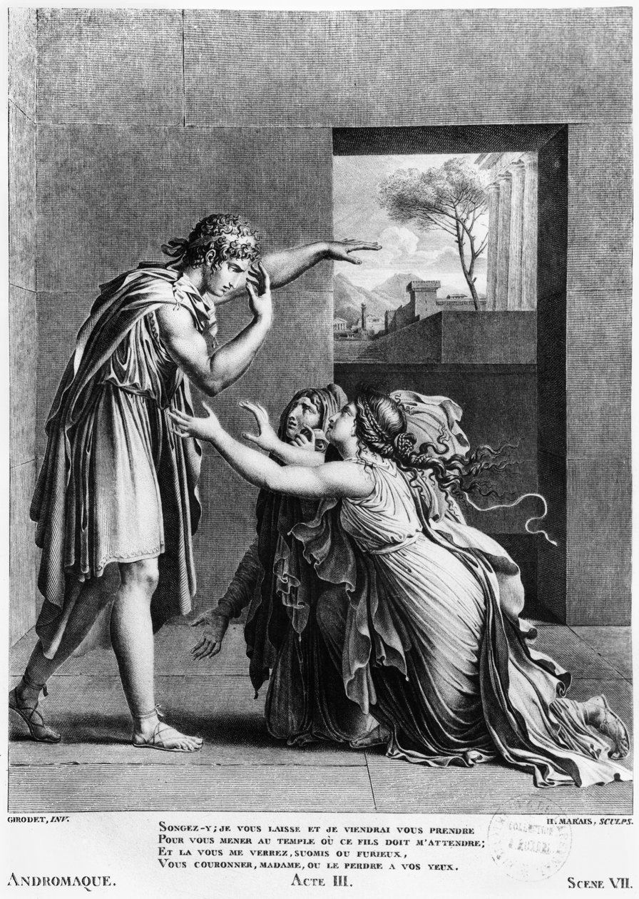 Andromache ved føttene av Pyrrhus, illustrasjon fra akt III scene 7 av 