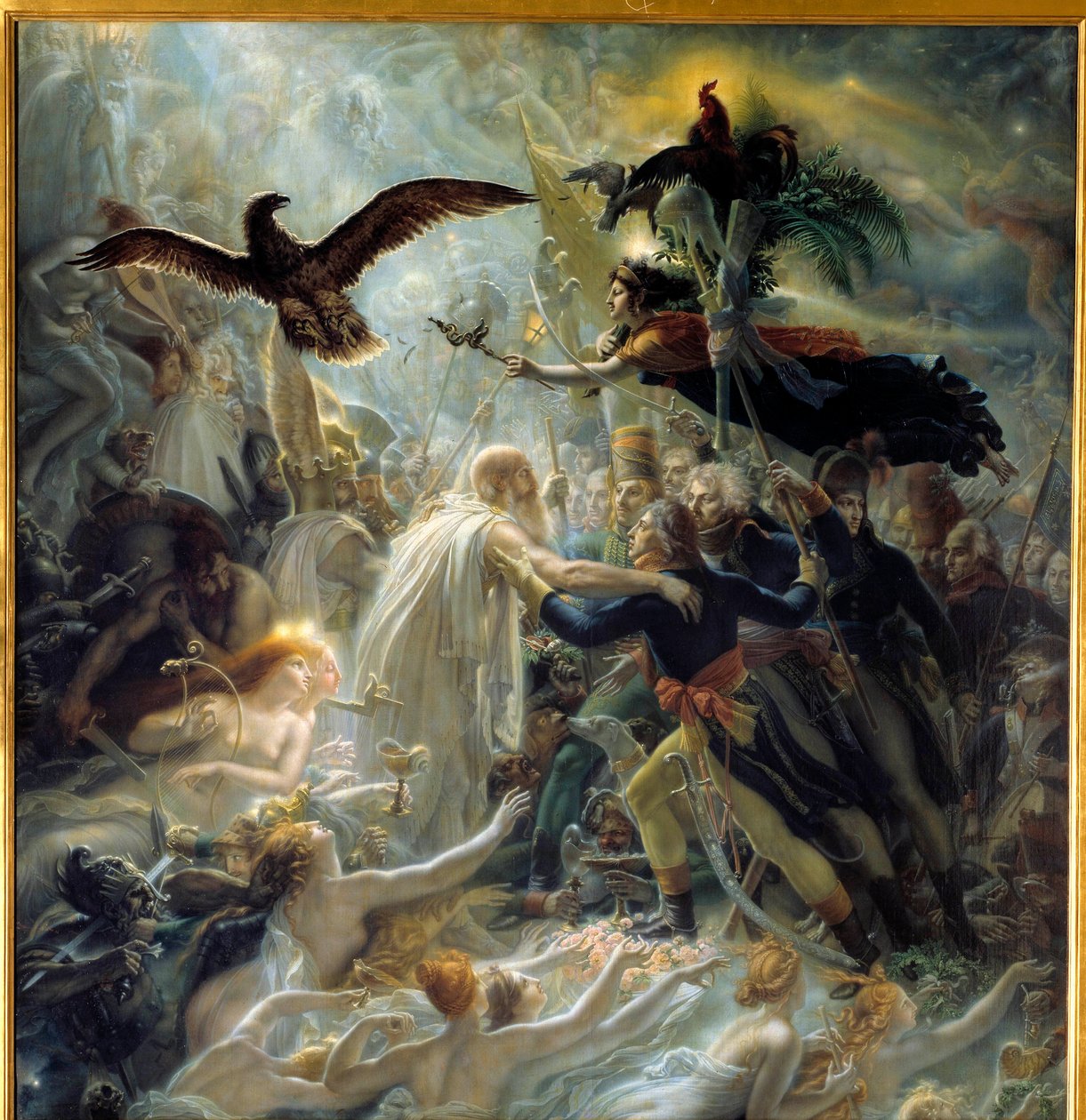Apoteose til de franske heltene som døde for hjemlandet under Liberte-krigen, hyllest til Napoleon Bonaparte Allegorie som representerer barden Ossian, skotsk poet fra det 3. århundre lest av Napoleon, som ønsket velkommen Louis Charles Antoine Desaix de V av Anne Louis Girodet de Roucy Trioson