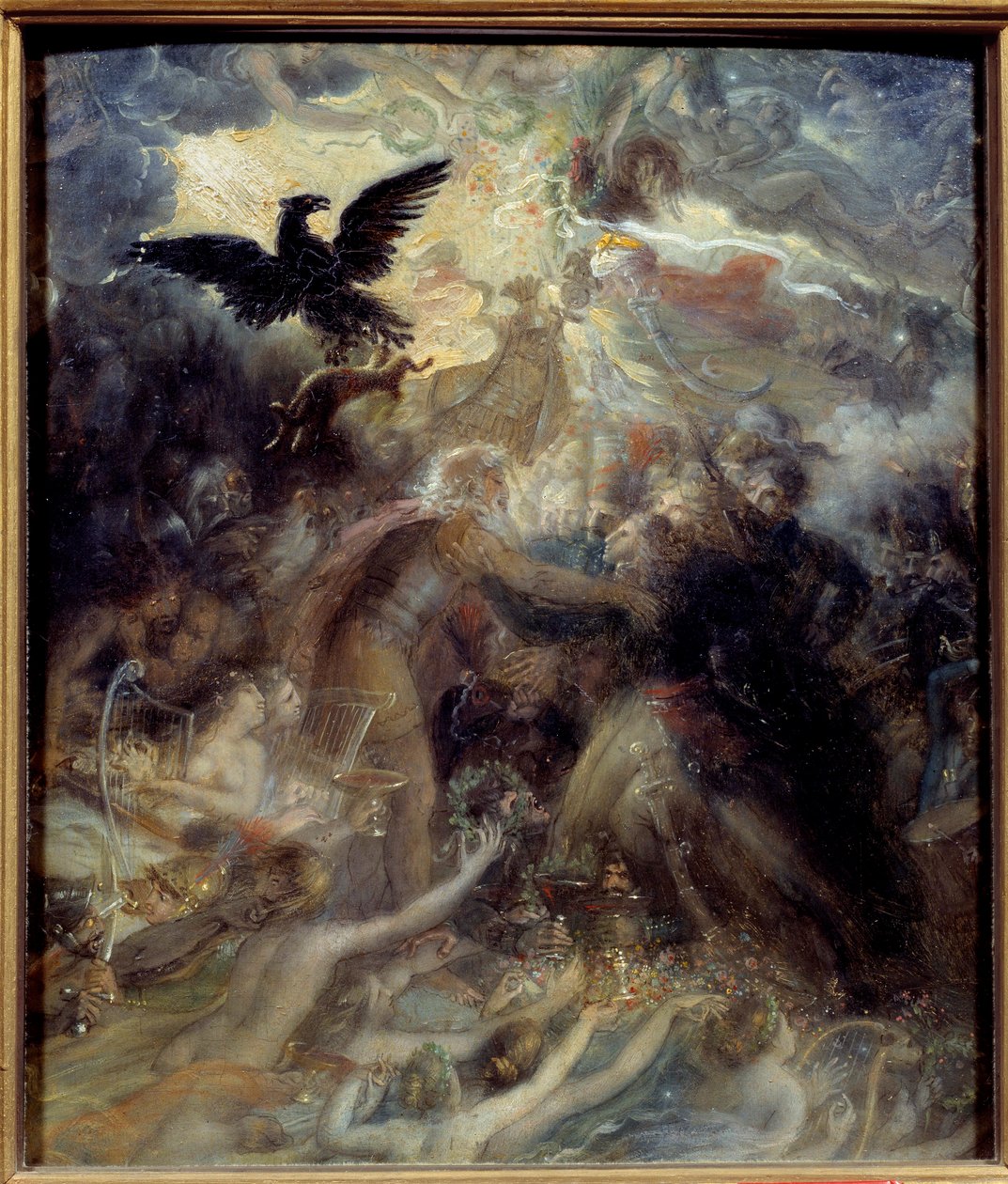 Apoteose til de franske heltene som døde for hjemlandet under Liberte-krigen, hyllest til Napoleon Bonaparte Allegorie som representerte barden Ossian, skotsk poet fra det 3. århundre lest av Napoleon, som ønsket generalene Louis Charles Antoine Des velkom av Anne Louis Girodet de Roucy Trioson