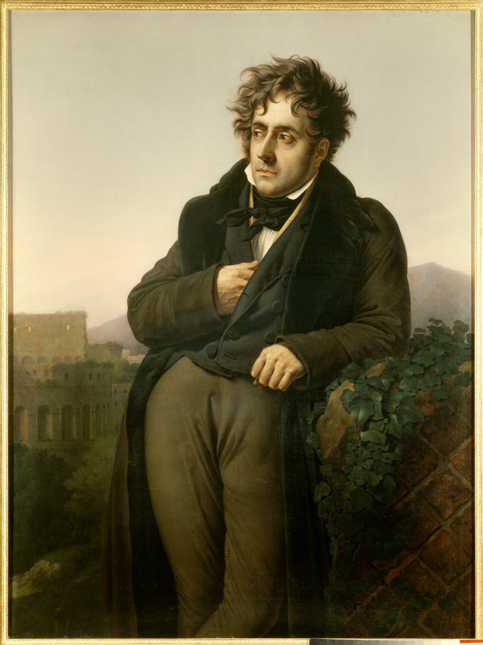 Portrett av Francois Rene, Viscount of Chateaubriand (1768-1848) som mediterer på ruinene av Roma foran utsikten over Colisee av Anne Louis Girodet de Roucy Trioson