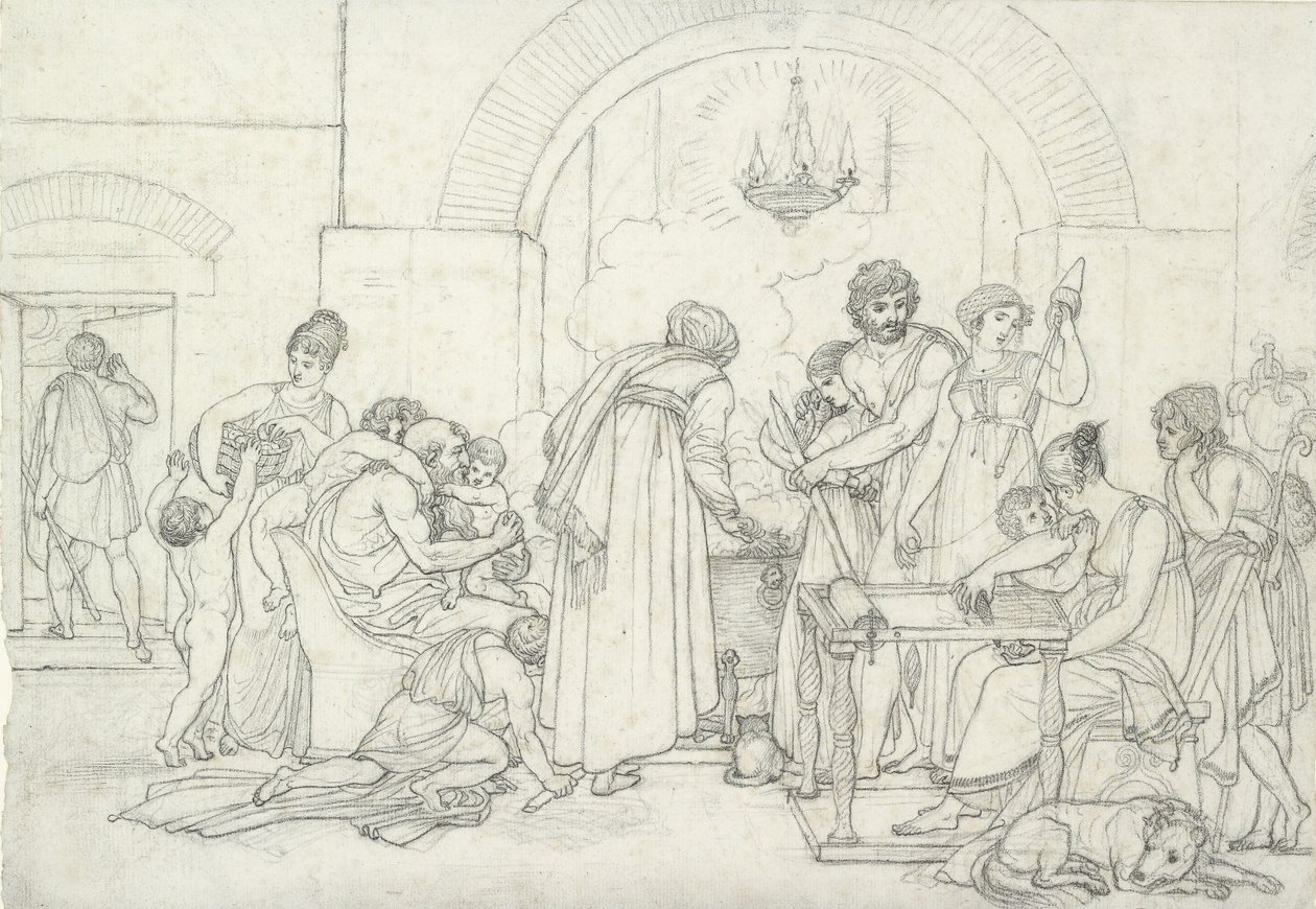 Rustikk interiør i antikken (svart kritt på hvitt papir med fin tekstur) av Anne Louis Girodet de Roucy Trioson